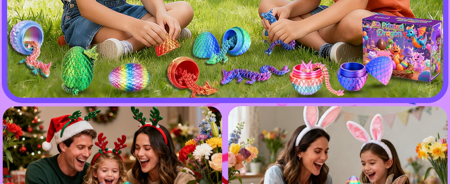 4PCS 3D Printed Dragon Eggs with Dragon Inside, Prefilled Easter Eggs with Toys for Kids 3D Printing Crystal Dragon Animals Easter Basket Stuffers and Essentials Dragon Gifts for Boys Girls
