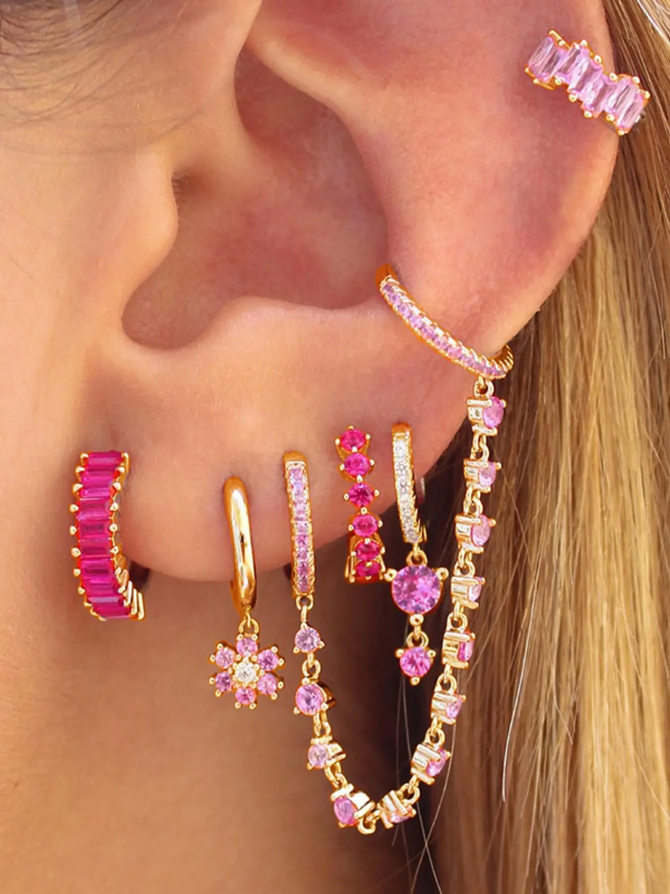 Delicate Pink Zircon Earring Set, Multi-piercing Integrated Chain Clip-on Hoop Earrings Combo, Light Luxury Girly Style Versatile Stud Earring Accessories