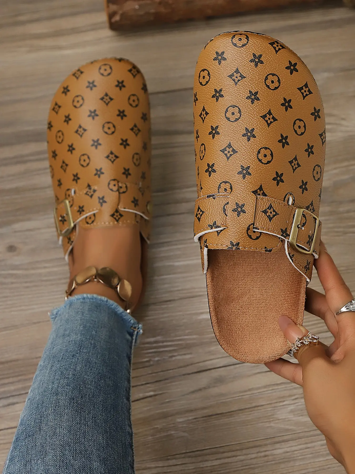 Women's Printed Birkenstock Half Sandals, Metal Buckle Soft Sole Slip-On Mules, Casual All-Season Home & Outdoor Shoes