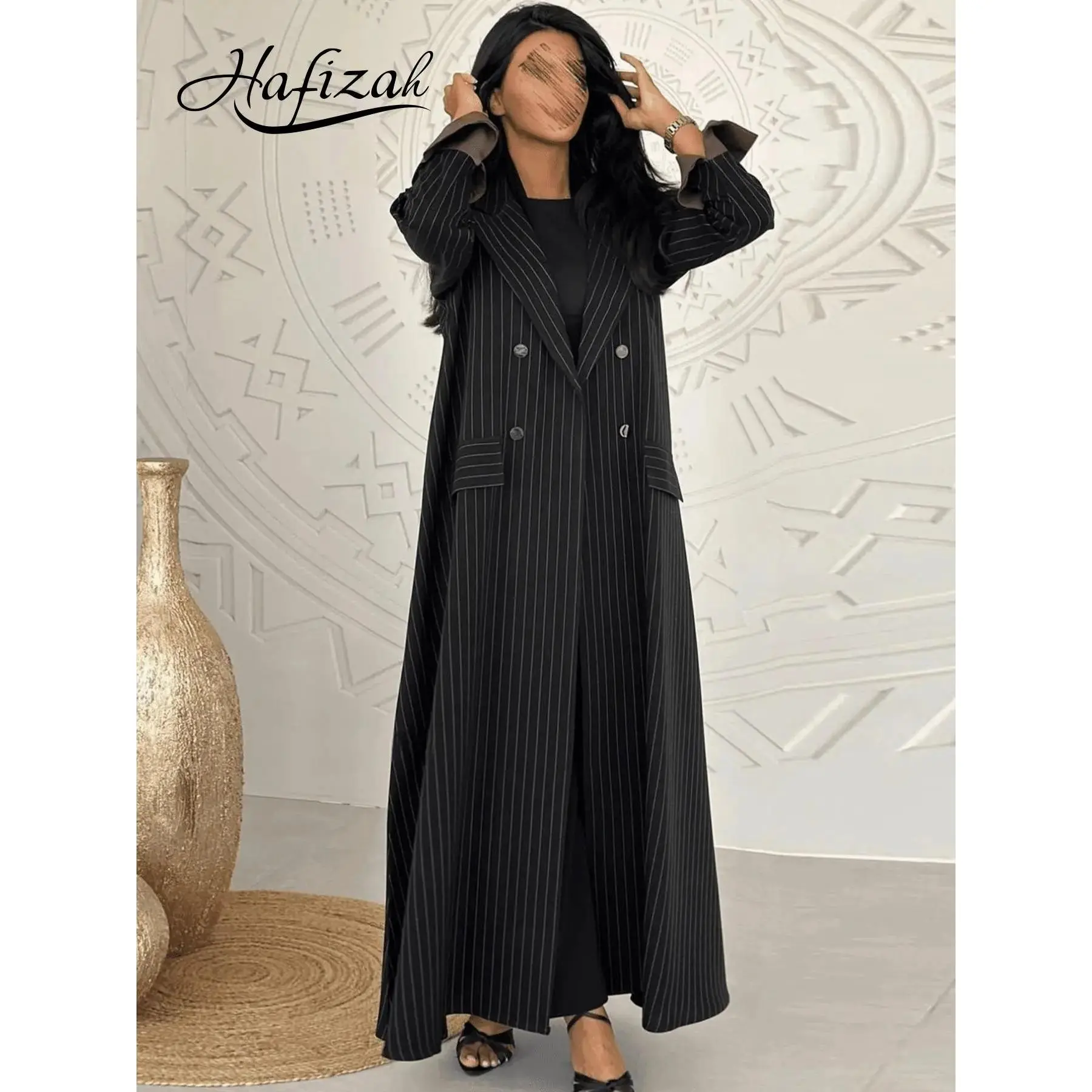 Fine Stripe Blazer Neck Long Coat Double-Breasted Elegance Dress Luxurious Commuter Slimming Women's Fashion Long Sleeve