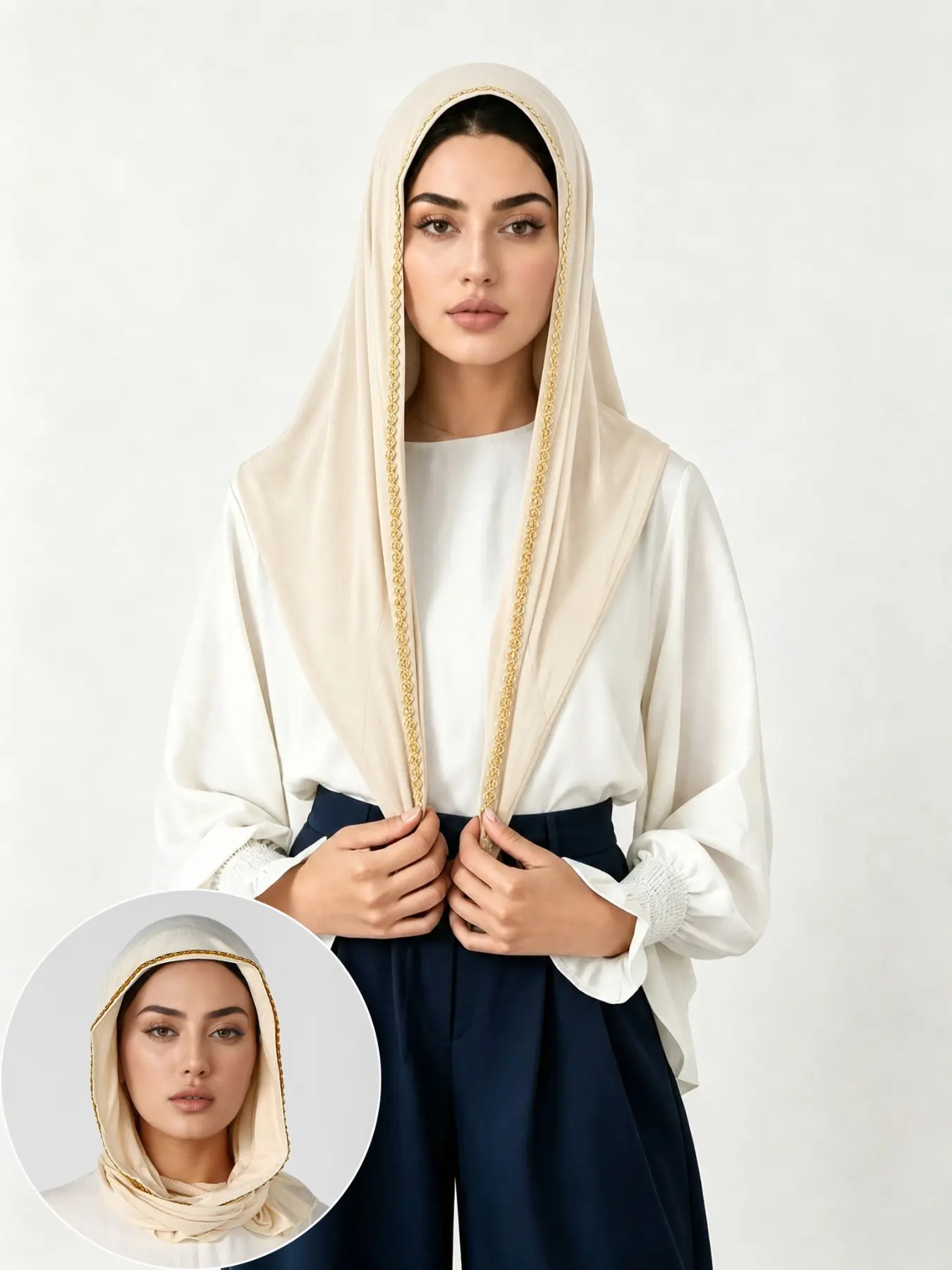 Women's Gold Trim Hijab, Solid Color Jersey Hijab, Comfortable Breathable Triangle Scarf, Ideal for Daily Use, Outdoor, Prayer, All Seasons