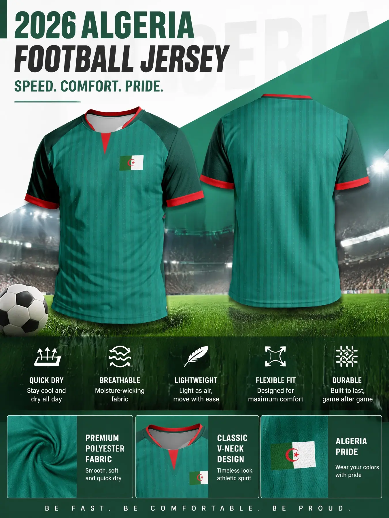 2026 Algeria Forest Family Soccer Jersey, Football Jersey, Classic V-Neck Lightweight Performance Tee, Breathable Mesh Material