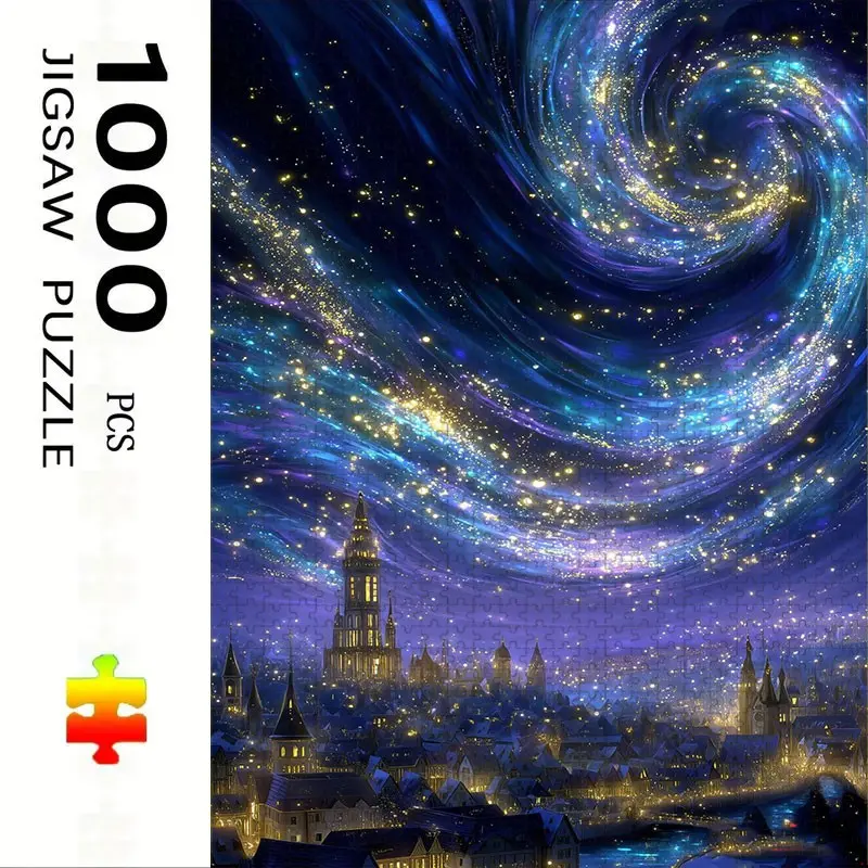 1000 Piece Town Under Starry Sky Puzzle, Large Adult Family Interactive Toy, DIY Home Decor, Holiday Scene, Durable Puzzle Gift