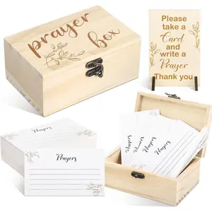 Wonderjune Prayer Box with 100 Pcs Cards 1 Wooden Signature Sign 5 Pens Wooden Distressed Box Prayer Request Cards for First Communion Christian Gifts(Wood Color,Classic)