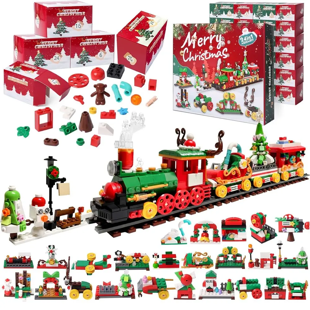 2026 Christmas Train Block Countdown Calendar Set, 24 Boxes with Dual-Sided Instructions, 777 Pieces Surprise Toy Kit for Teens and Adults