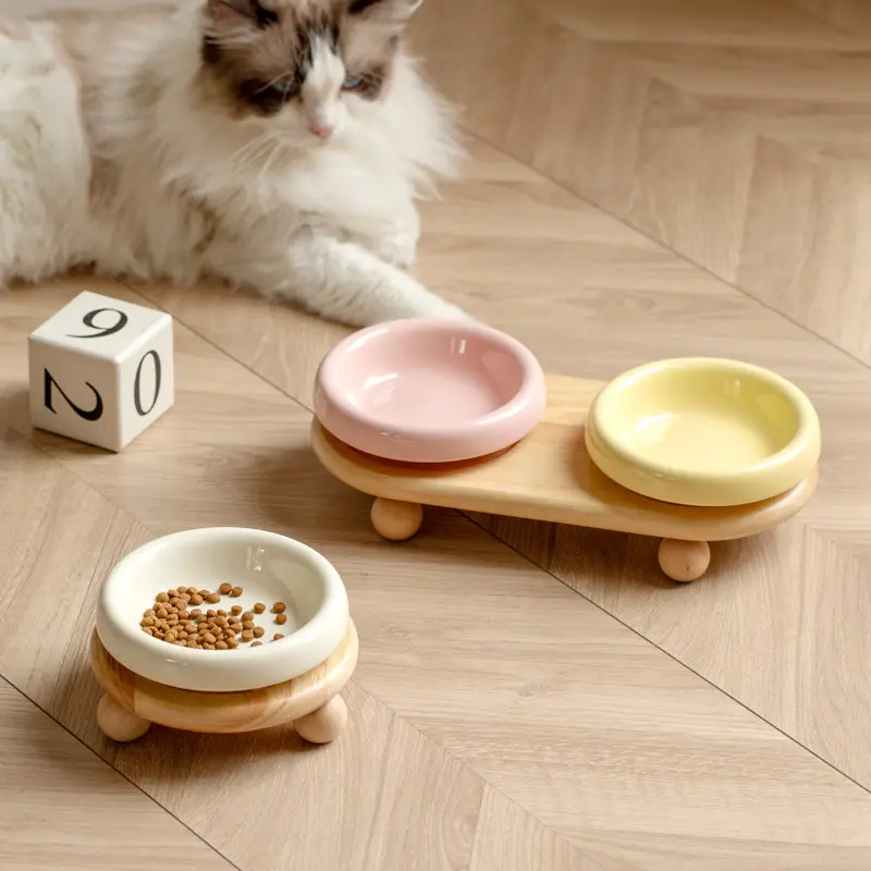 Ceramic Elevated Cat Dog Bowls Feeder, Raised Double Pet Feeding Station with Anti-Slip Base, Ergonomic Neck Support for Small Breeds, Dishwasher Safe