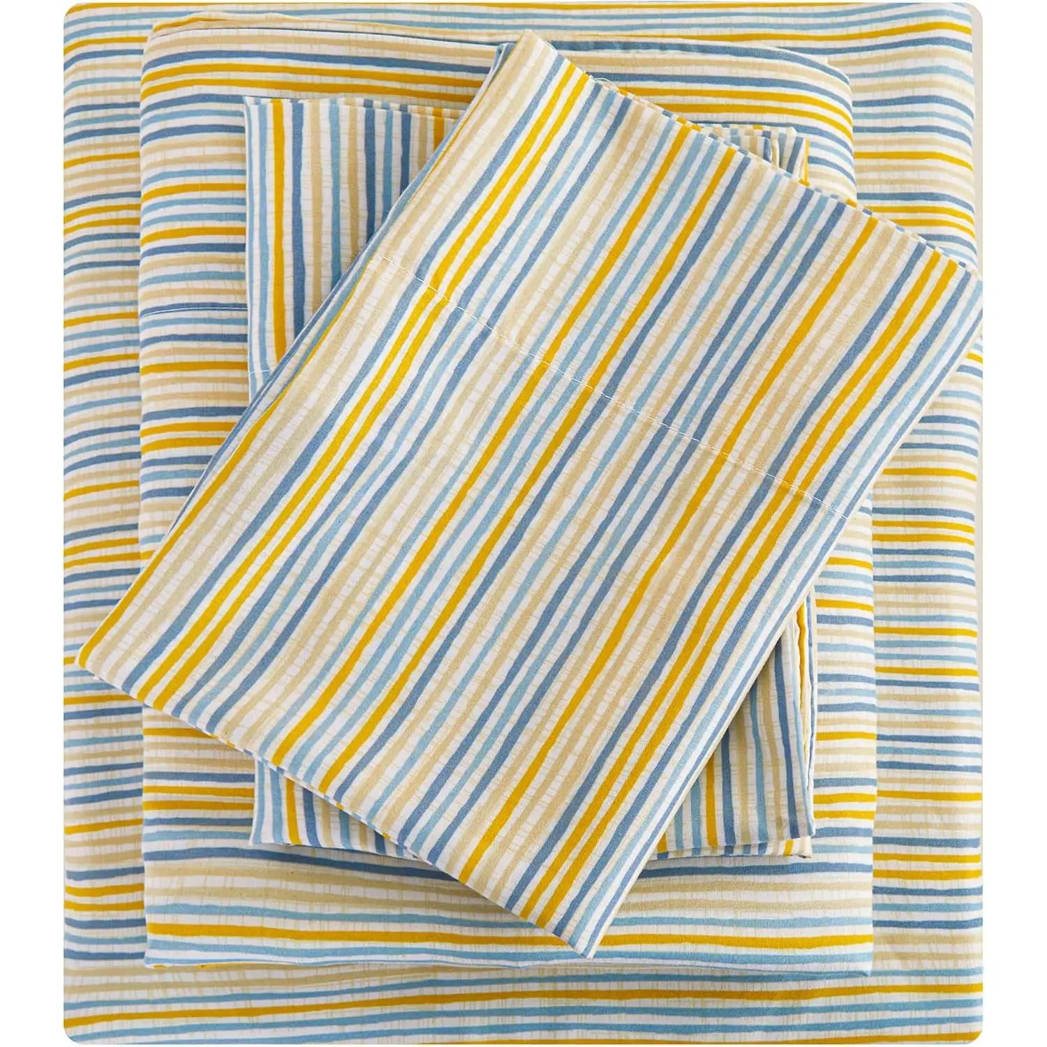 Striped Queen Bed Sheets, Deep 4 Piece Queen Sheet Set, Soft Microfiber Blue Yellow Pinstripe Bedding Sheets & Pillowcases