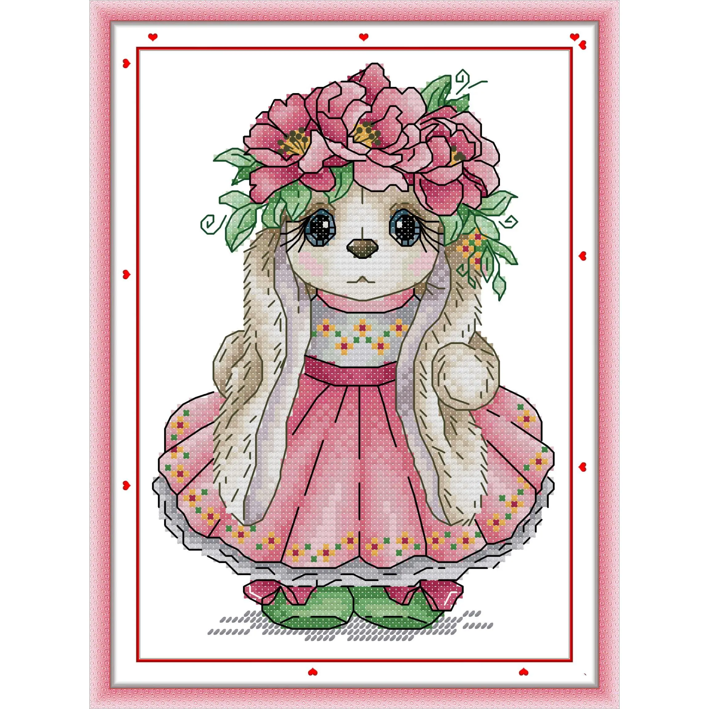 Pre printed Cross Stitch Kit Easy Pattern Aida Stamped Fabric Embroidery Set-Long-eared Bunny, DIY, Easy to Do, Handcrafted, Can Be Used as Gift, Home Décor