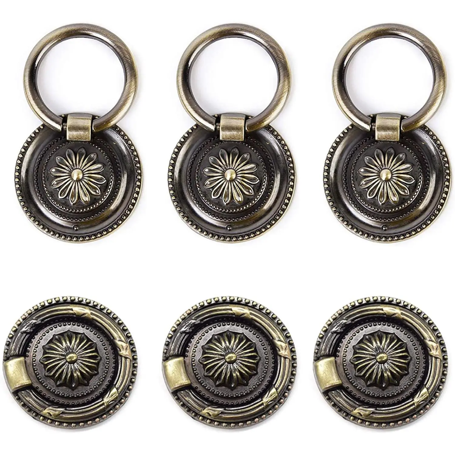 1.77 Inch Bronze Antique Drawer Pulls for Cabinet, 6 Packs | Dresser Pull Rings, Round Drawer Handles,  Cabinet Knob, Two Screws: 22mm & 25mm