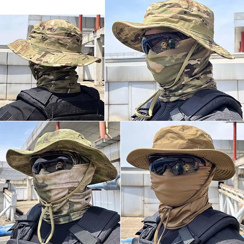 Men's Camouflage Hat and Wide Brim Cap Set, UV Protection Tactical Fisherman Hat, Outdoor Sports Hiking Camping, Casual Style
