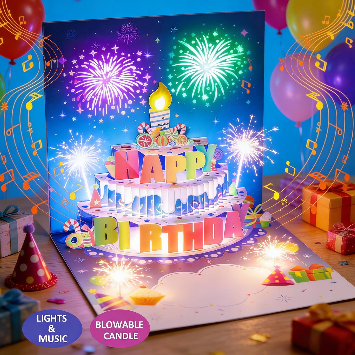 3D Pop-Up Birthday Card with LED Lights & Blowable Candle - Interactive ...