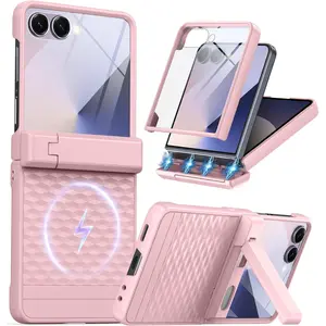 Magnetic for Samsung Galaxy Z Flip 7 Case [Hinge Protection＆Kickstand][Compatible with MagSafe][Built-in Screen Protector] Full-Body Military Protection Phone Case for Samsung Z Flip 7 Pink