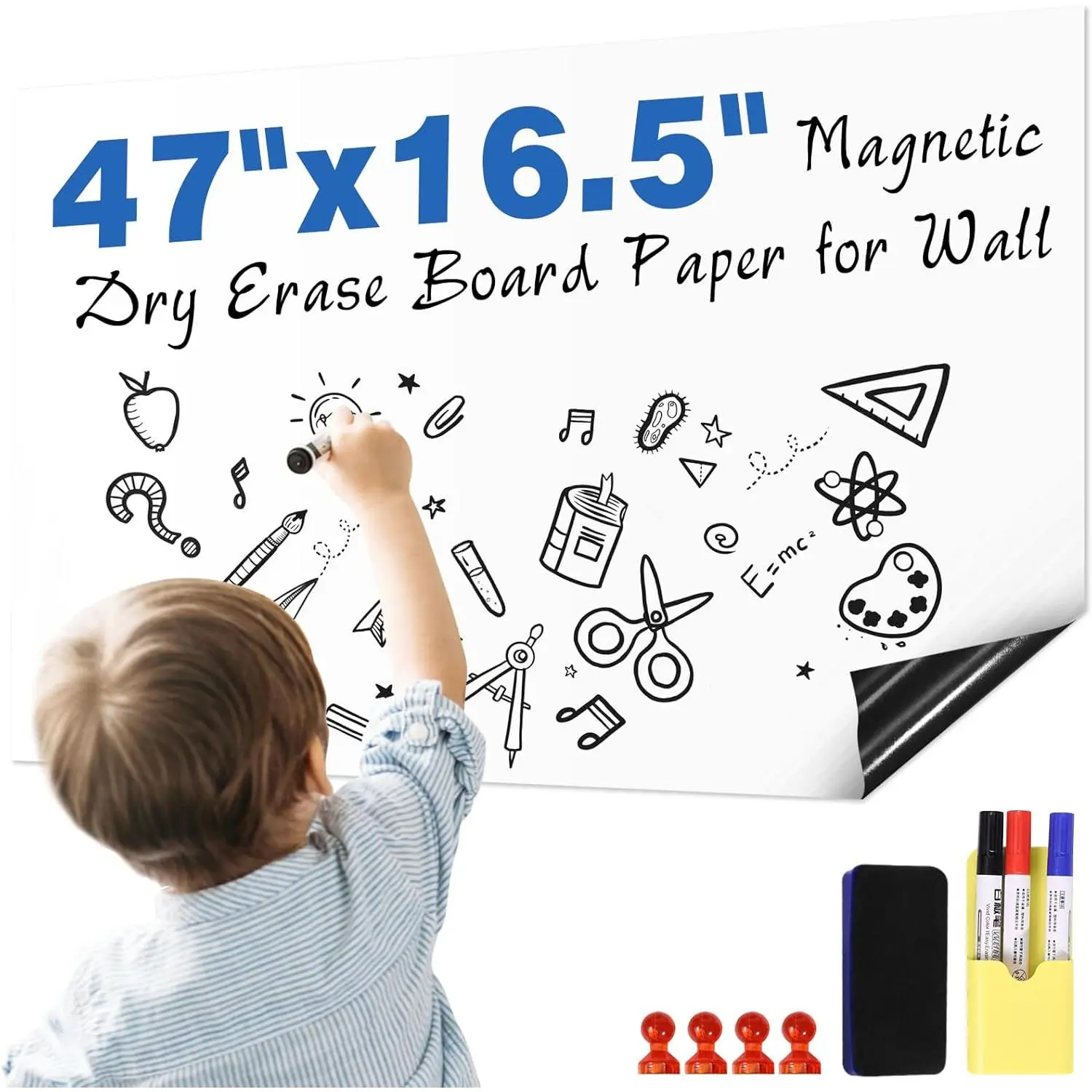 White Board Sticker Adhesive "x16.5" Dry  Erase Board Paper for Wall Sticker Refrigerator Whiteboard Sheet for Teacher Supplies Include 3 Markers Eraser with