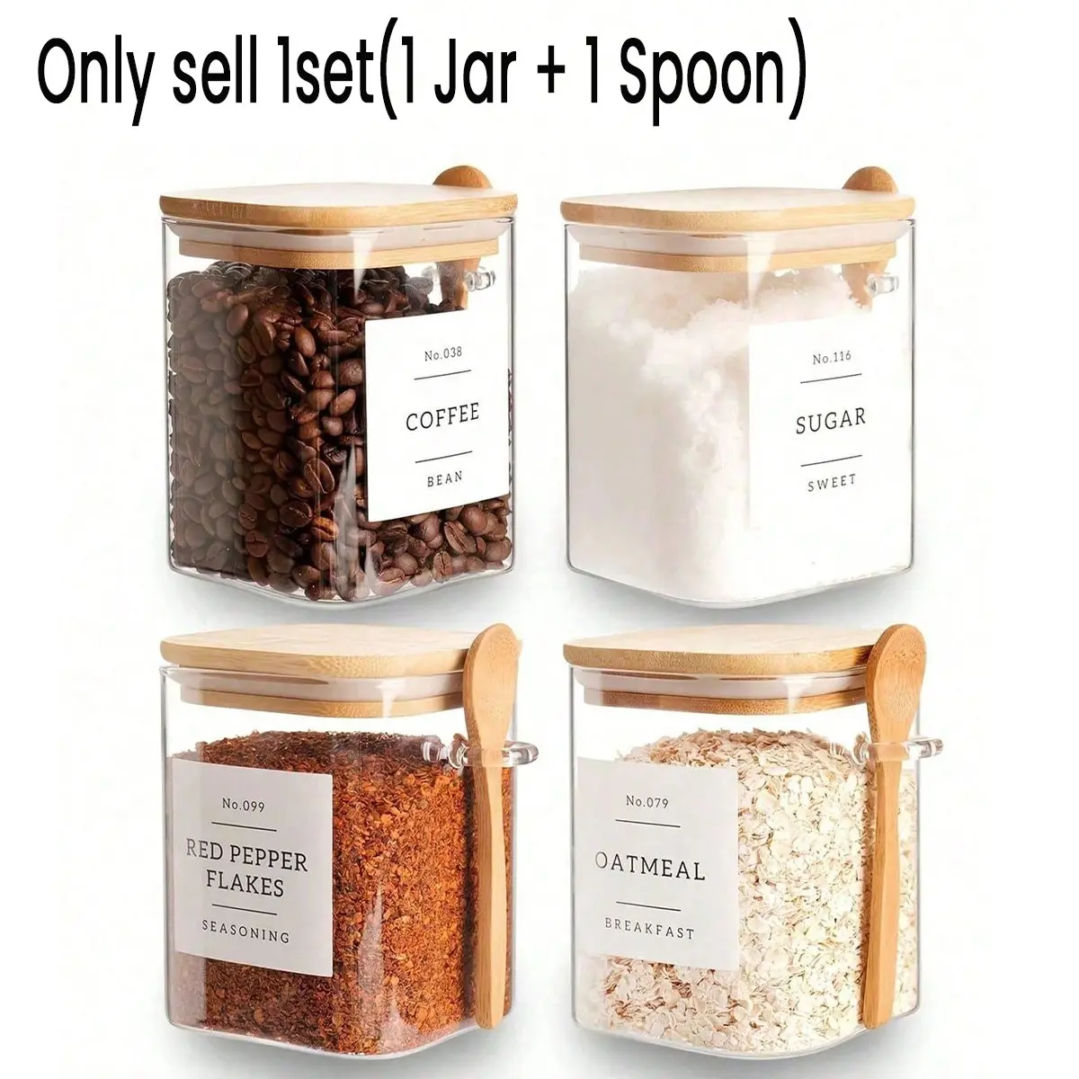 Glass Jar Set with Bamboo Lid and Spoon, High Borosilicate Glass, Large Capacity Sealed Storage, Moisture Proof, Kitchen Organizer