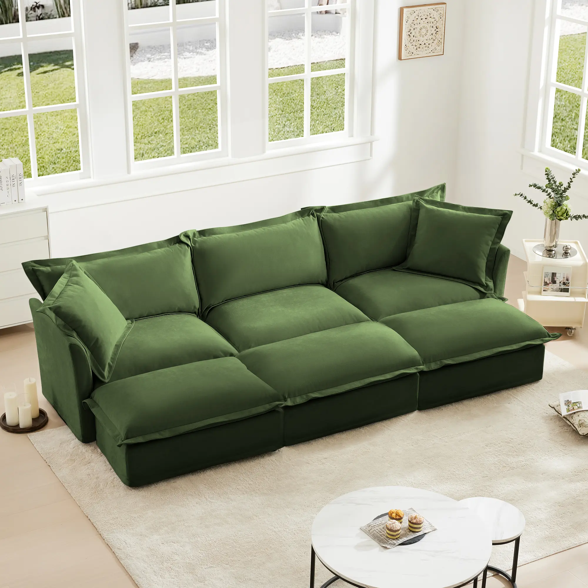 ARCH Oversized 3-Seat Sleeper Sofa Bed with 3 Ottomans, Slipcovered Living Room Sofa Set, Chenille Upholstered Couch with Pull Out Bed, Green Home Theater Seating for Family Room, Multiple Use, Living Room Furniture for Apartment, Lounge