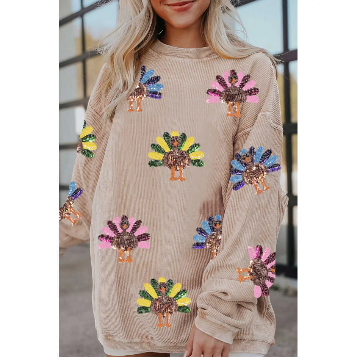 Women's 100% Polyester Glitter Turkey Graphic Corded Hoodie - Oversized Baggy Drop Shoulder Round Neck Longsleeves Tunic Pullover, Comfortable Textured Fit for Lady Thanksgiving Fall Casual Sweatshirts for Women