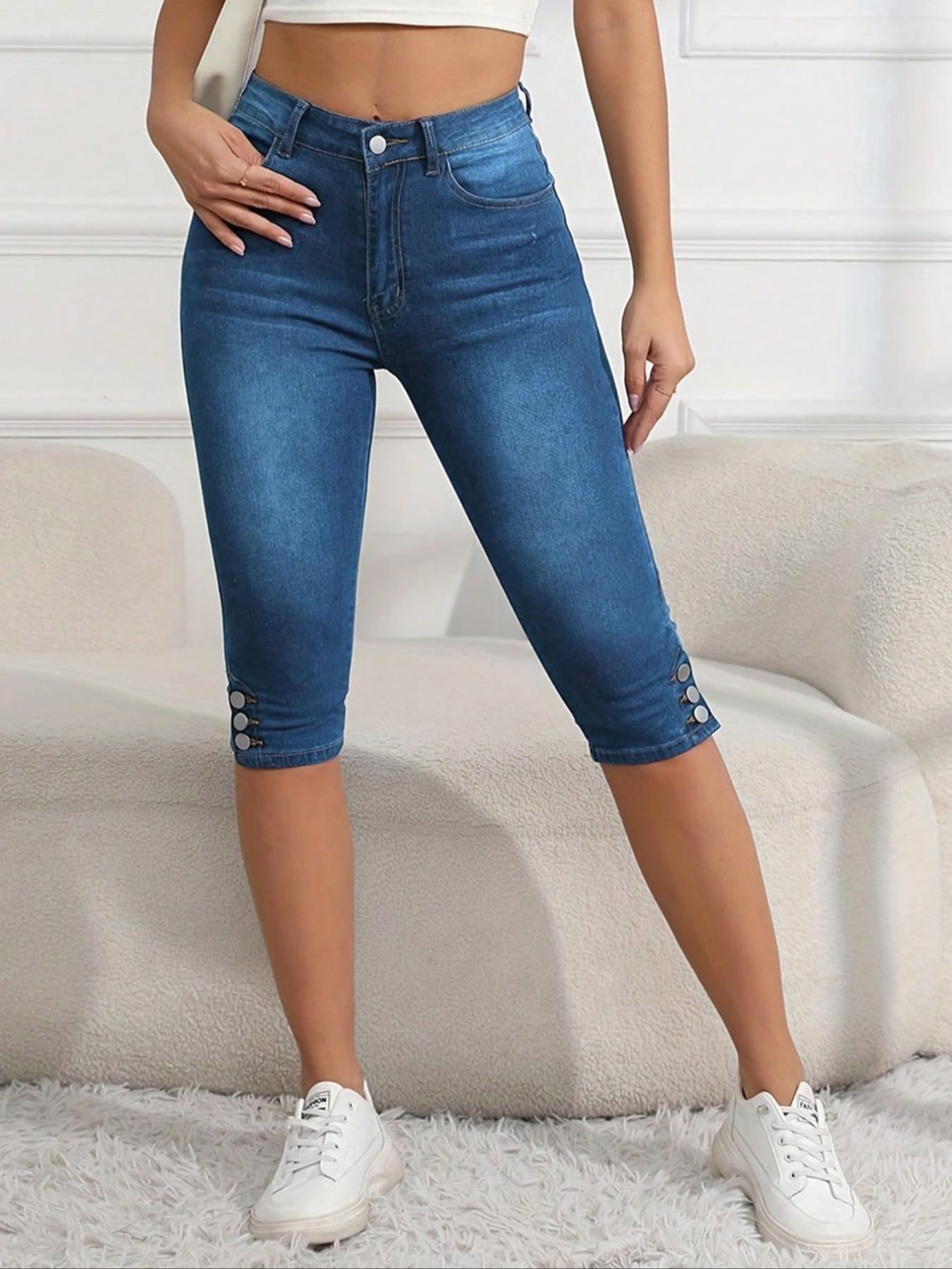 Women's Plain Button Pocket High Waisted Denim Capri Pants, Casual Comfy Skinny Capri Jeans for Daily Wear, Ladies Bottoms for Summer, Womenswear