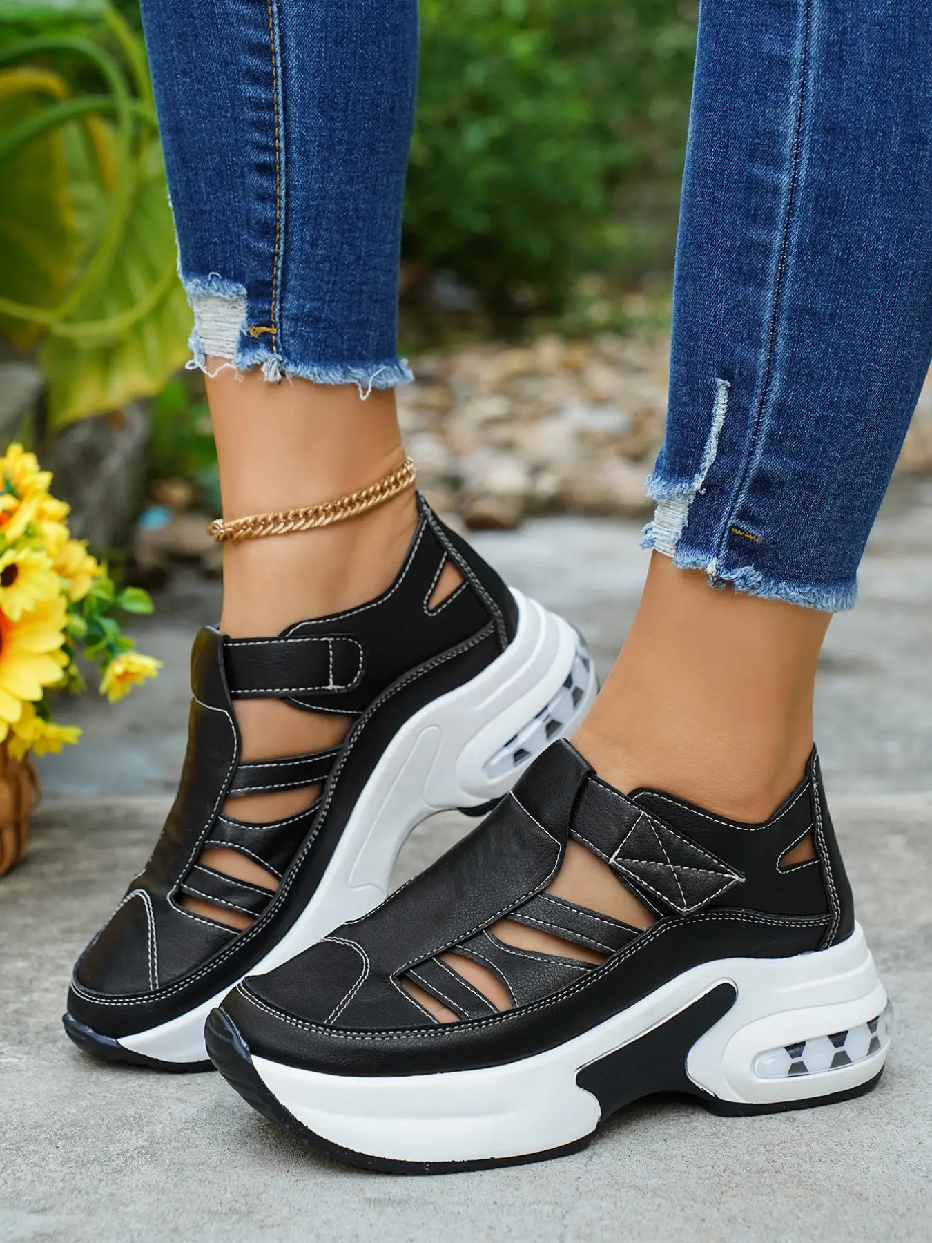 Women's Solid Color Breathable Air Cushion Platform Wedge Dad Sandals, Women Summer Sandals, Adjustable Velcro Sport Sneaker Sandals, PU Leather Heightening Walking, Non-Slip Rubber Outsole, Leg-Lengthening