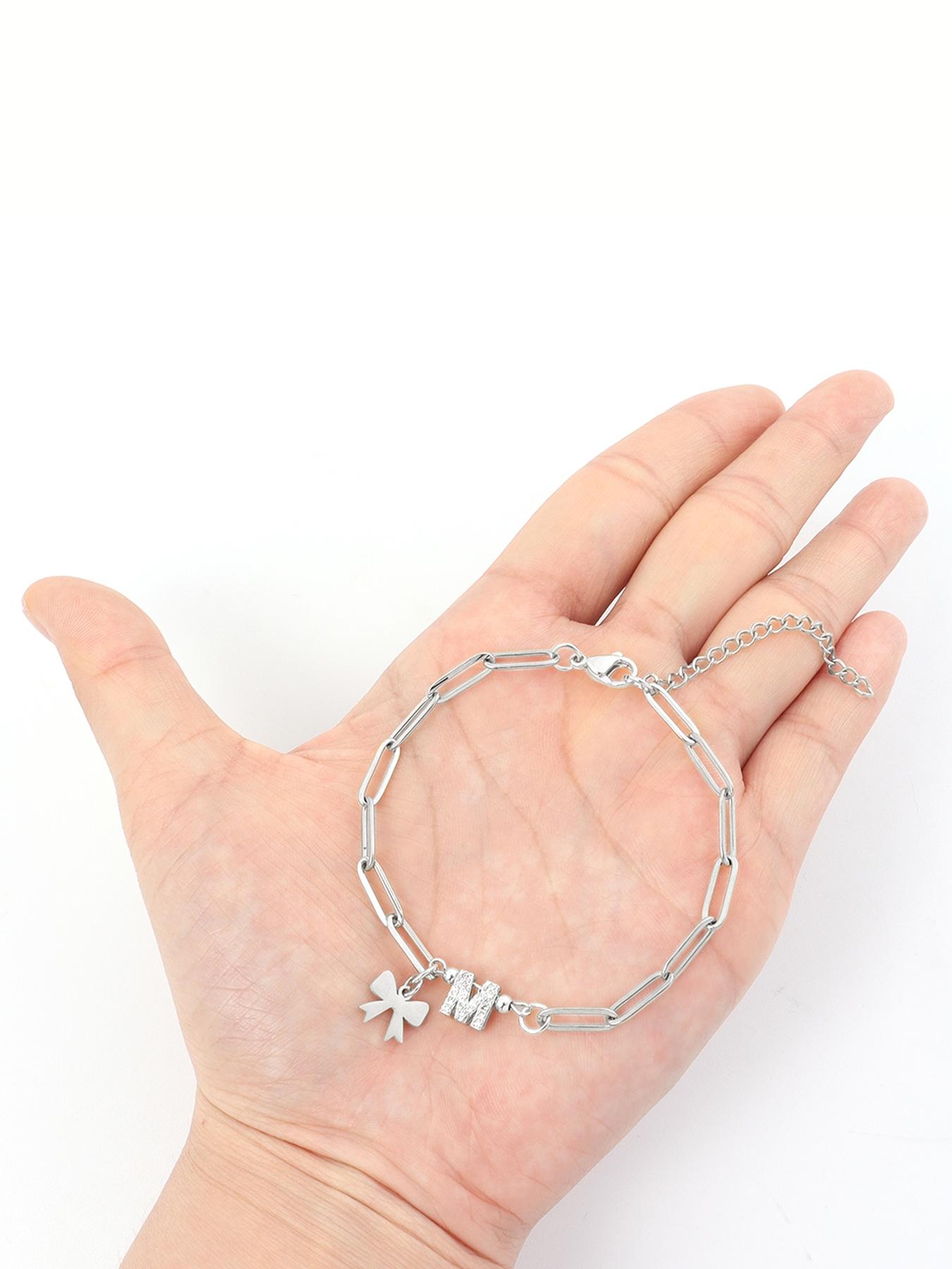 Bowknot Design Initial Bracelet, Rhinestone Decorated Link Bracelet for Women & Girls, Fashion Jewelry for Party, Daily Decor, Trendy All-match Jewelry for Gift, Personalized Jewelry