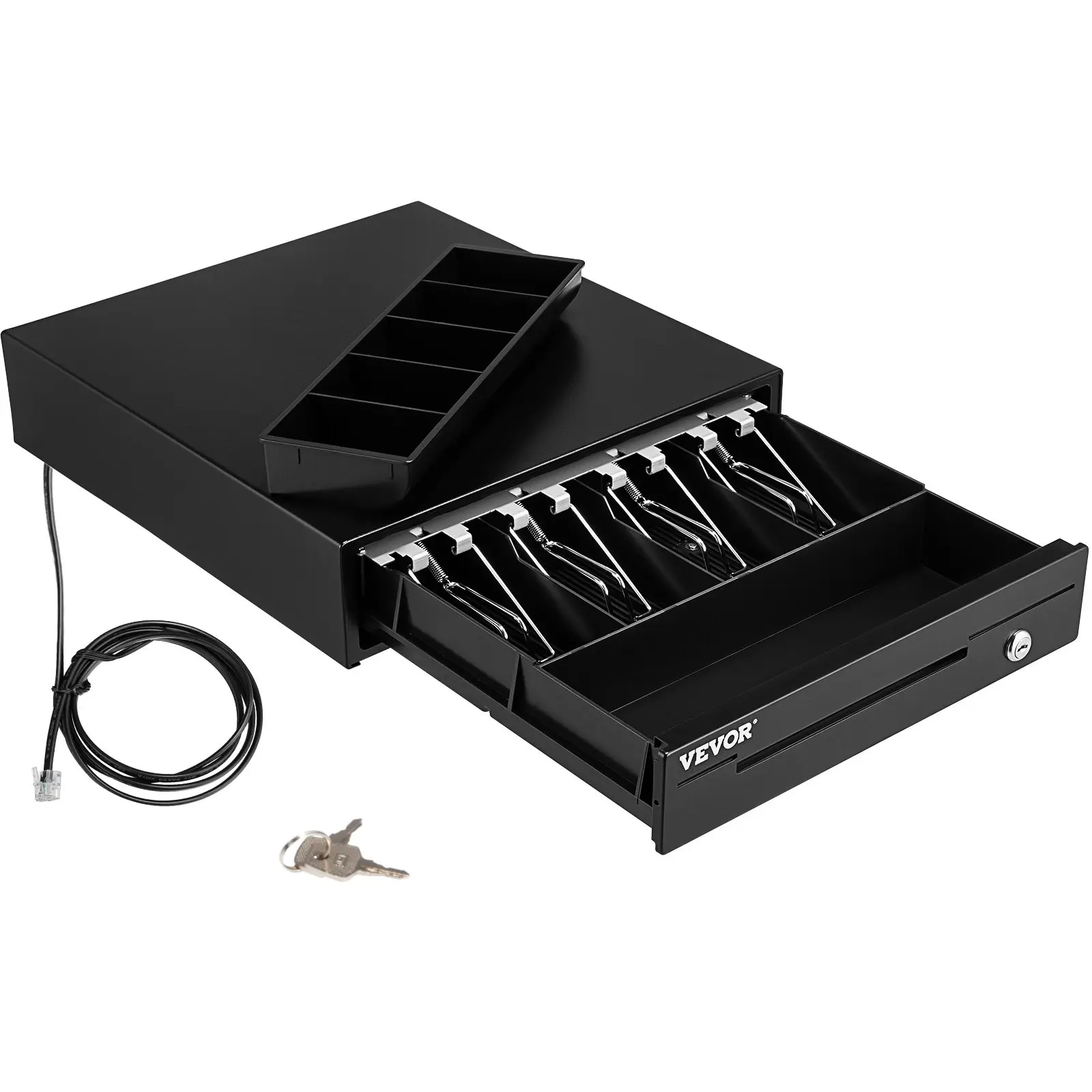 Electronic Metal Frame Cash Register Drawer - 13in, 12V, for POS/Square Systems, 4-Bill 5-Coin Tray, Removable Coin Compartment, 2 Keys, RJ11/RJ12 Cable, for Coffee Shops, Restaurants, 2X Keys