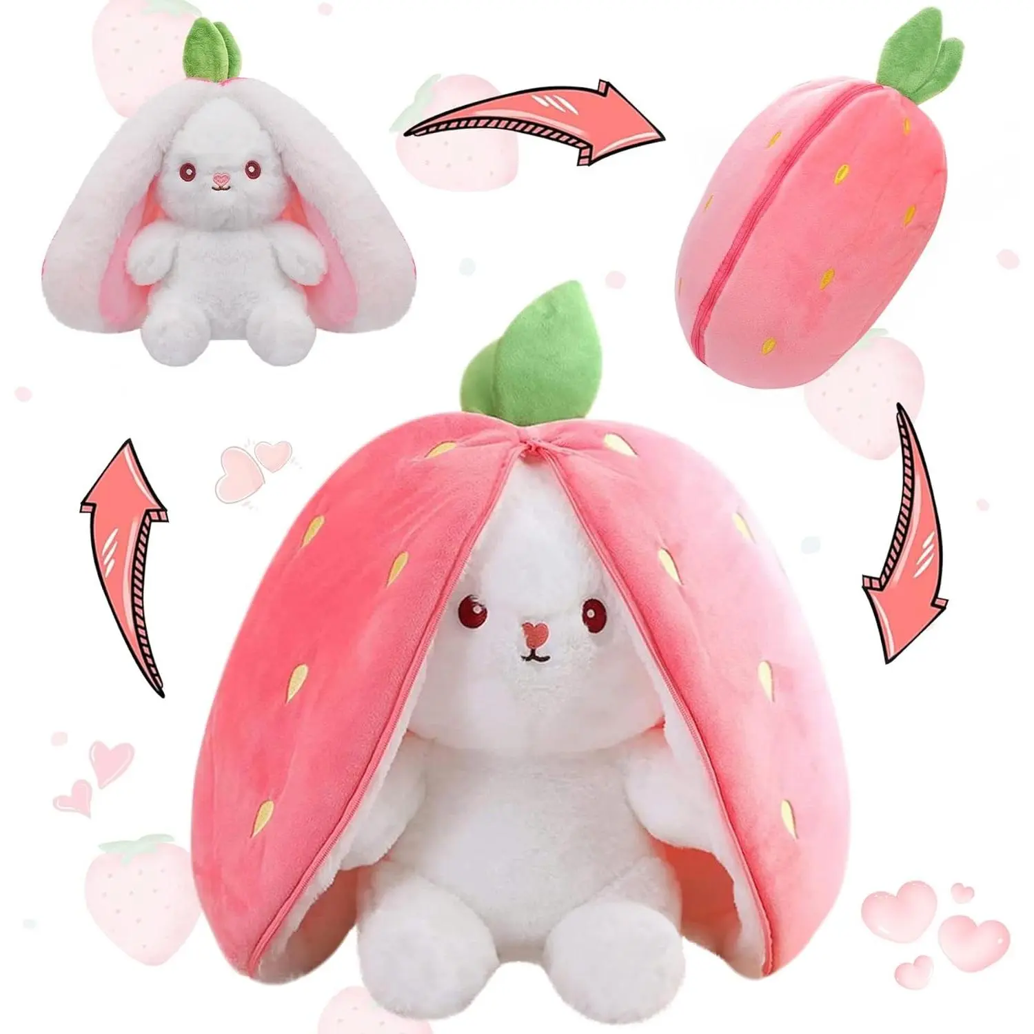 Bunny Stuffed Animal Reversible Cuddle Bunny Stuffed,Strawberry Bunny Transformed Rabbit Plush Zipper,Turns Into Ears Bunnies Plushies Toy Cute Stuffy Doll Easter