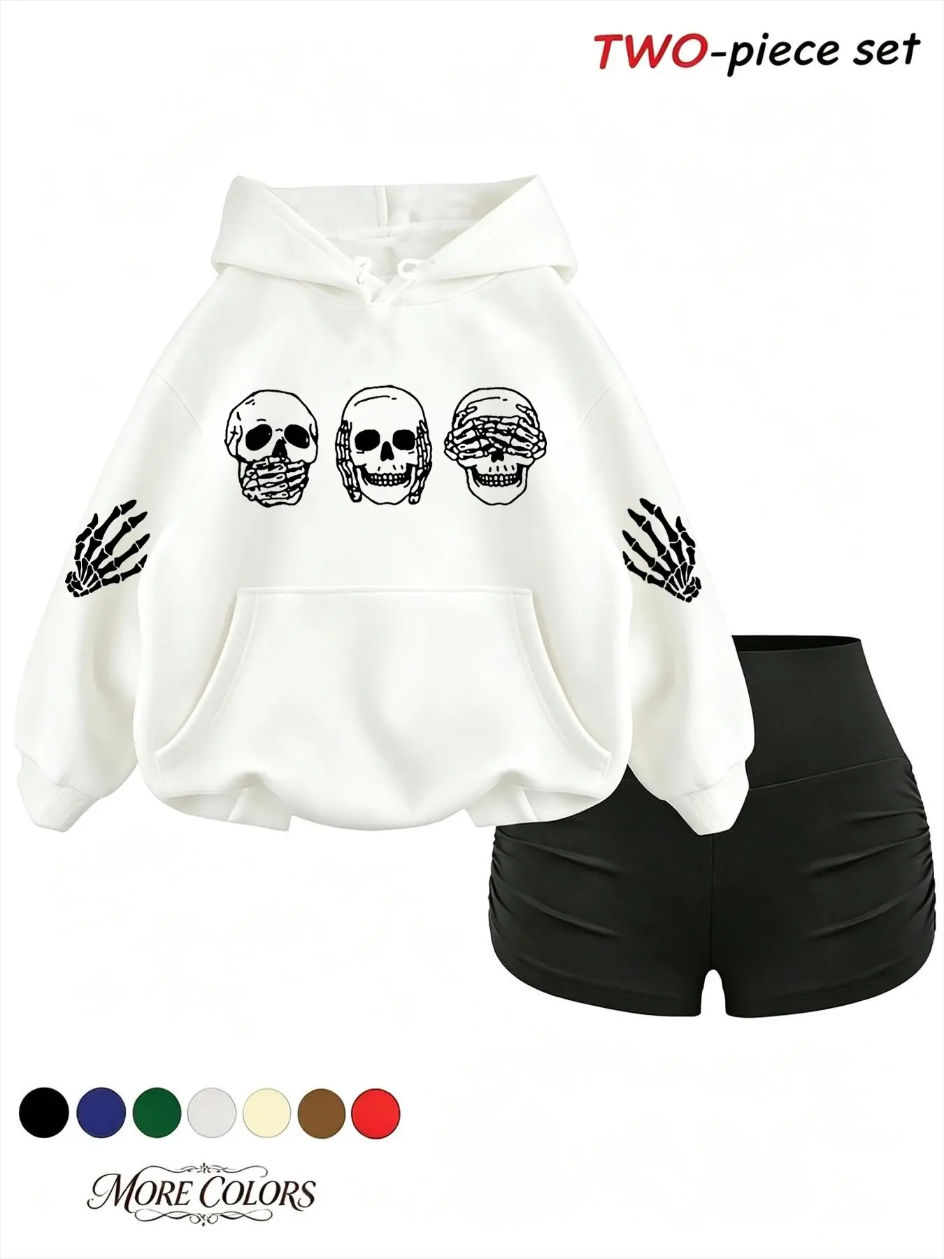 Women's Halloween Theme Hooded Sweatshirt Set, Fall Winter Warm Drawstring Pullover, Skull Print, Fashionable Pocket Design, 2-Piece