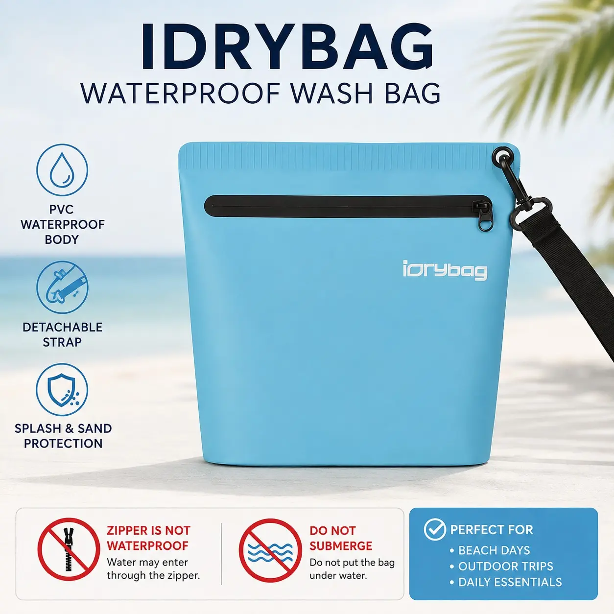 IDRYBAG 3L PVC Beach Sand Pouch with Shoulder Strap, Splash-Resistant Outdoor Travel Bag for Beach, Pool, Travel and Daily Storage, Zipper Not Waterproof, Not for Submersion⚠️ Zipper is NOT waterproof – do NOT fully submerge!