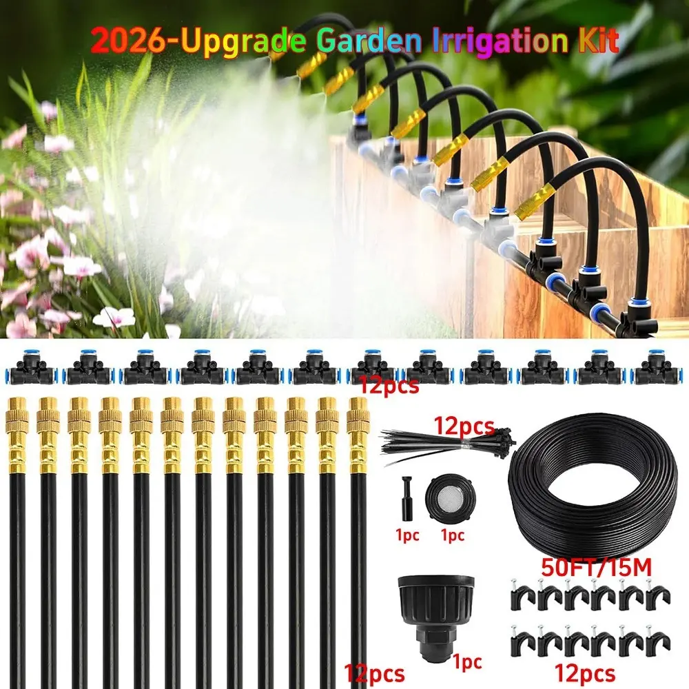50FT Upgraded Drip Irrigation System Kit | 1/4" Automatic Garden Watering Hose with 12 Adjustable Copper Nozzles for Raised Beds, Greenhouse & Potted Plants