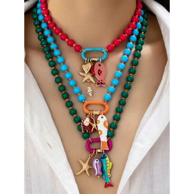 Women's 3-Piece Casual Synthetic Resin Beaded Necklace Set - Multi-Layer, Colorful Fish, Starfish Charms, Fish Scales - Boho Trendy Female Costume Jewelry for Vacation, Beach Parties (Set1)