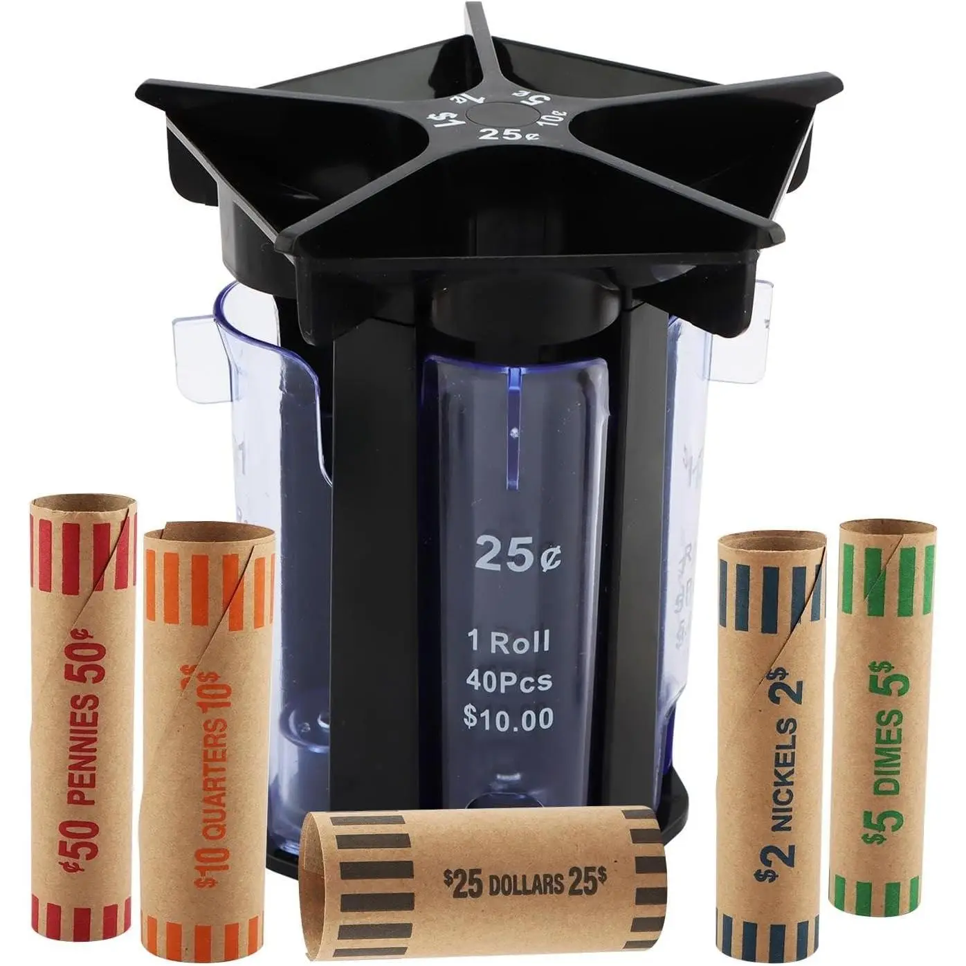 Coin Counter Coin Sorter Tube, 5-in-1 Change Sorter Coin Organizer with Coin Wrappers, Change Counter Machine Coin Roller Coin Bank Holder Coin Wrappers, Easy to Use & Accurate