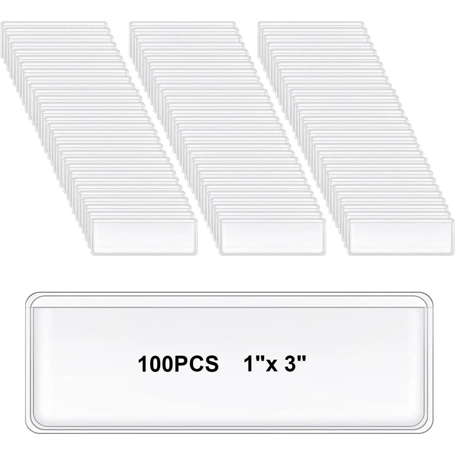 100 count Label Holder Self Adhesive Clear Nameplate Pocket 3x1 Inch Plastic Labels Index Card Holder Shelf Shelf Tag Sticking for Storage Bins Supermarket Kitchen Library Bookshelf Mailbox