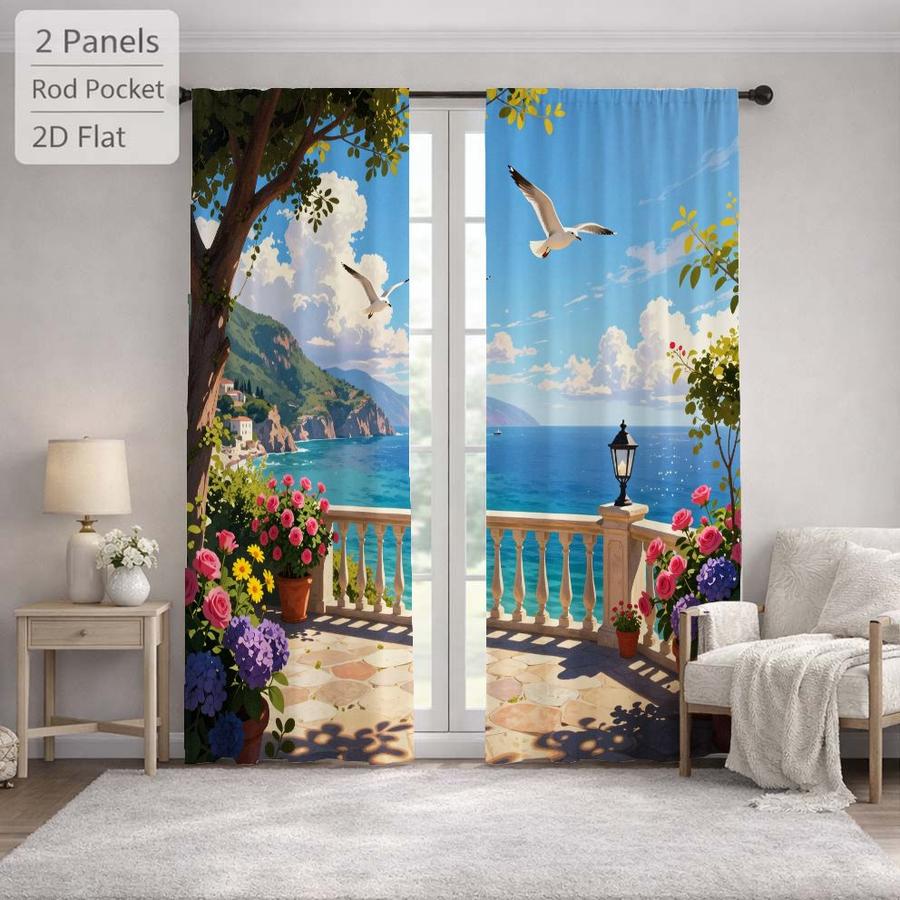 2Pcs Mediterranean Coastal Seascape Seagull Balcony Pattern Sun Blocking Curtains Digital Printed Rod Pocket, Window Treatment For Bedroom Office Kitchen Living Room Study Home Decor