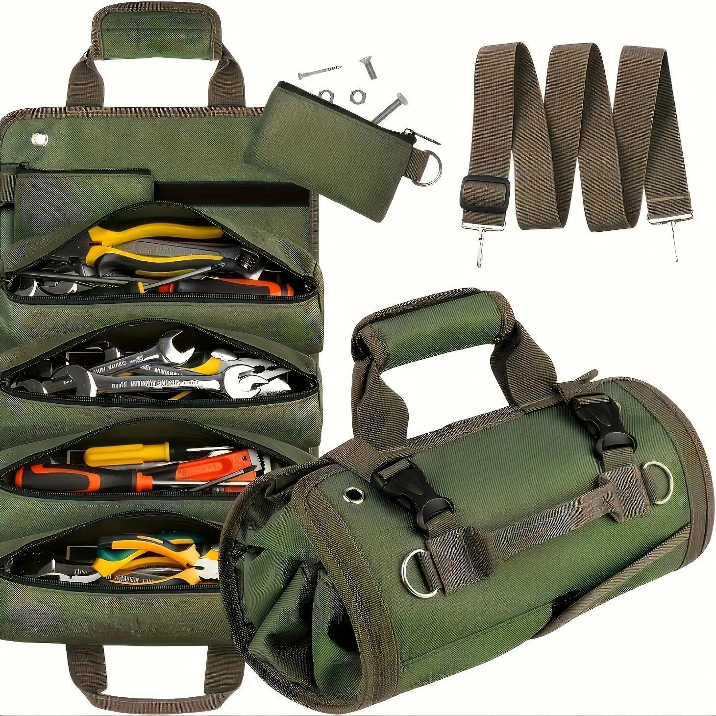 Heavy-duty waterproof tool organizer with 6 pockets.Removable and adjustable, suitable for electrician's, carpenter's and construction worker's tool belts.Portable and practical storage tool kit.Roll-up tool bag.  Tool Roll with Carrying Handle versatile