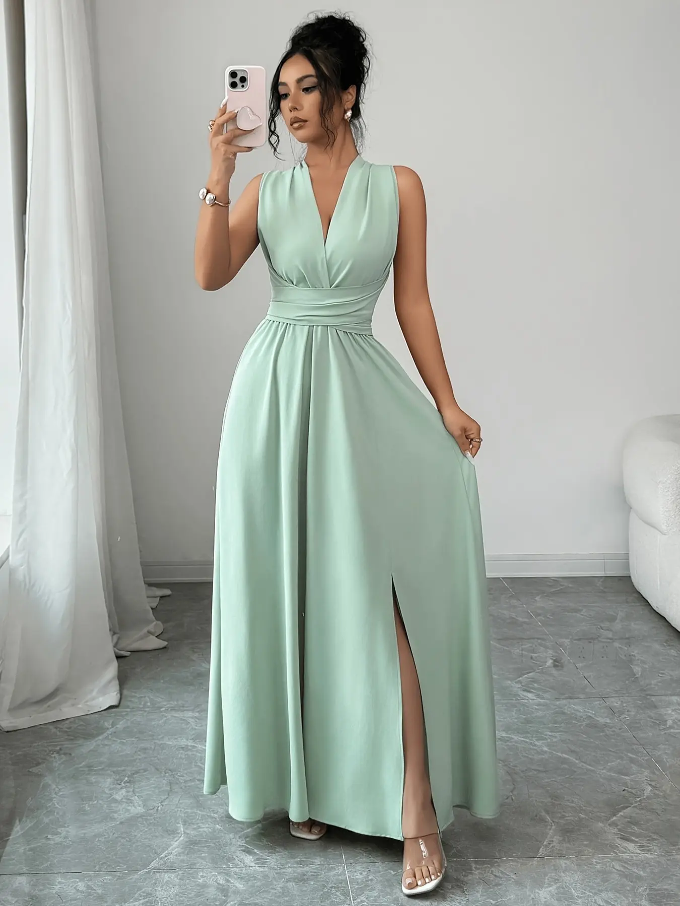 POV: You found the perfect sage green satin gown for prom! 🌿 The high slit and deep V-neck are absolutely stunning.