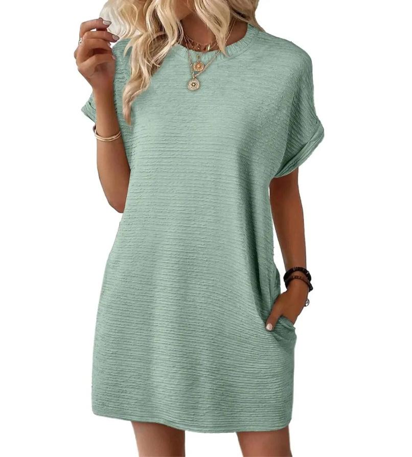 2026 Summer New Loose Crew Neck Pocket Solid Color Short Sleeve Dress for Women Casual Daily Wear Mini Dress