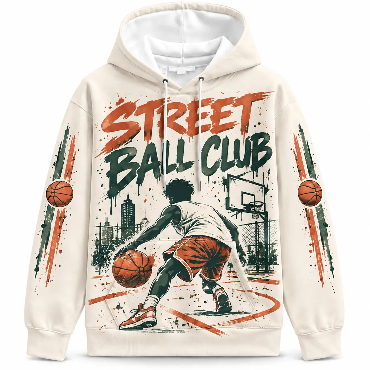 Basketball Graphic Pullover Hoodie Sweatshirt, Street Ball Club Print with Dribbling Player, Basketball and Outdoor Court Artwork, Front and Back Sports Designs, Long Sleeve Streetwear Top for Game Day, Casual Outfits, Fall Season and Basketball Fan Gifts