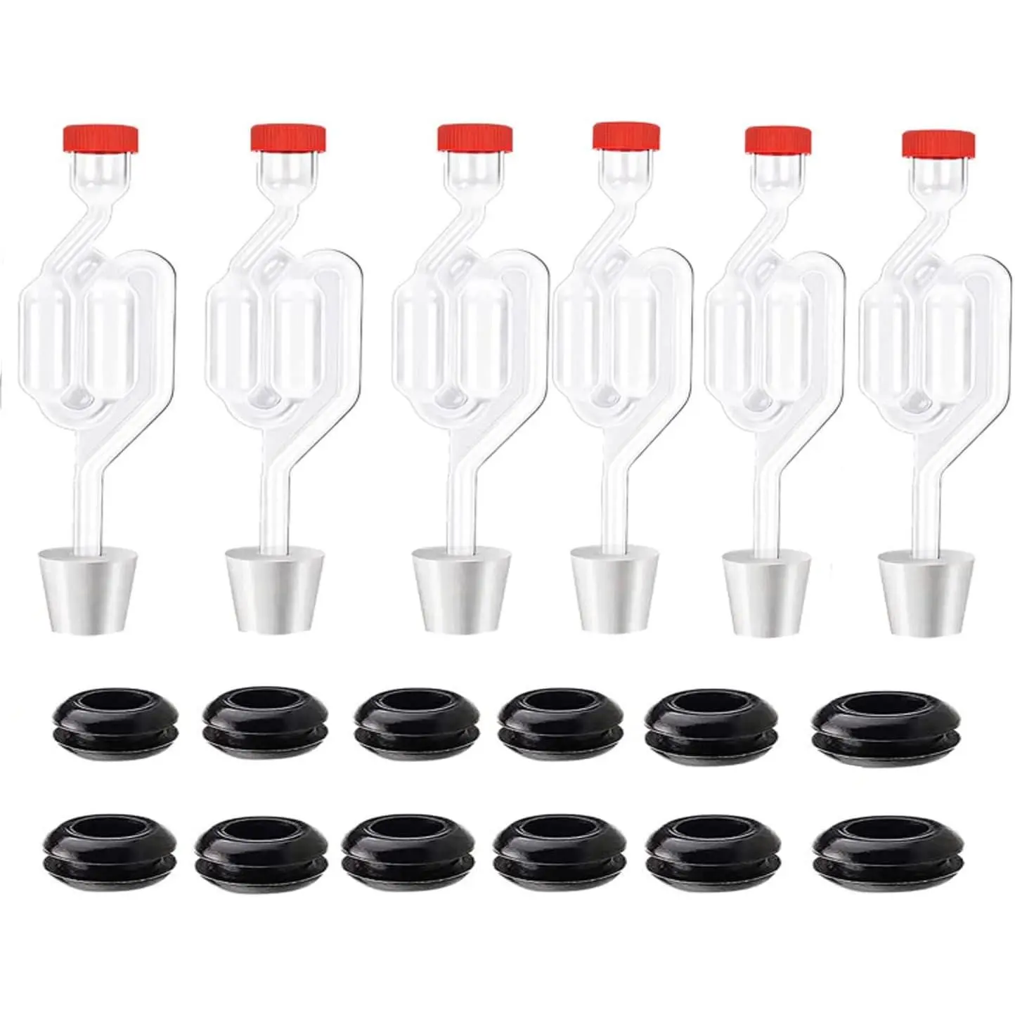 Twin Bubble Airlock Set [6 Pack], Brew Kits Airlocks for Fermenting,Fermentation Airlock with 6 Stoppers + 12 Grommets