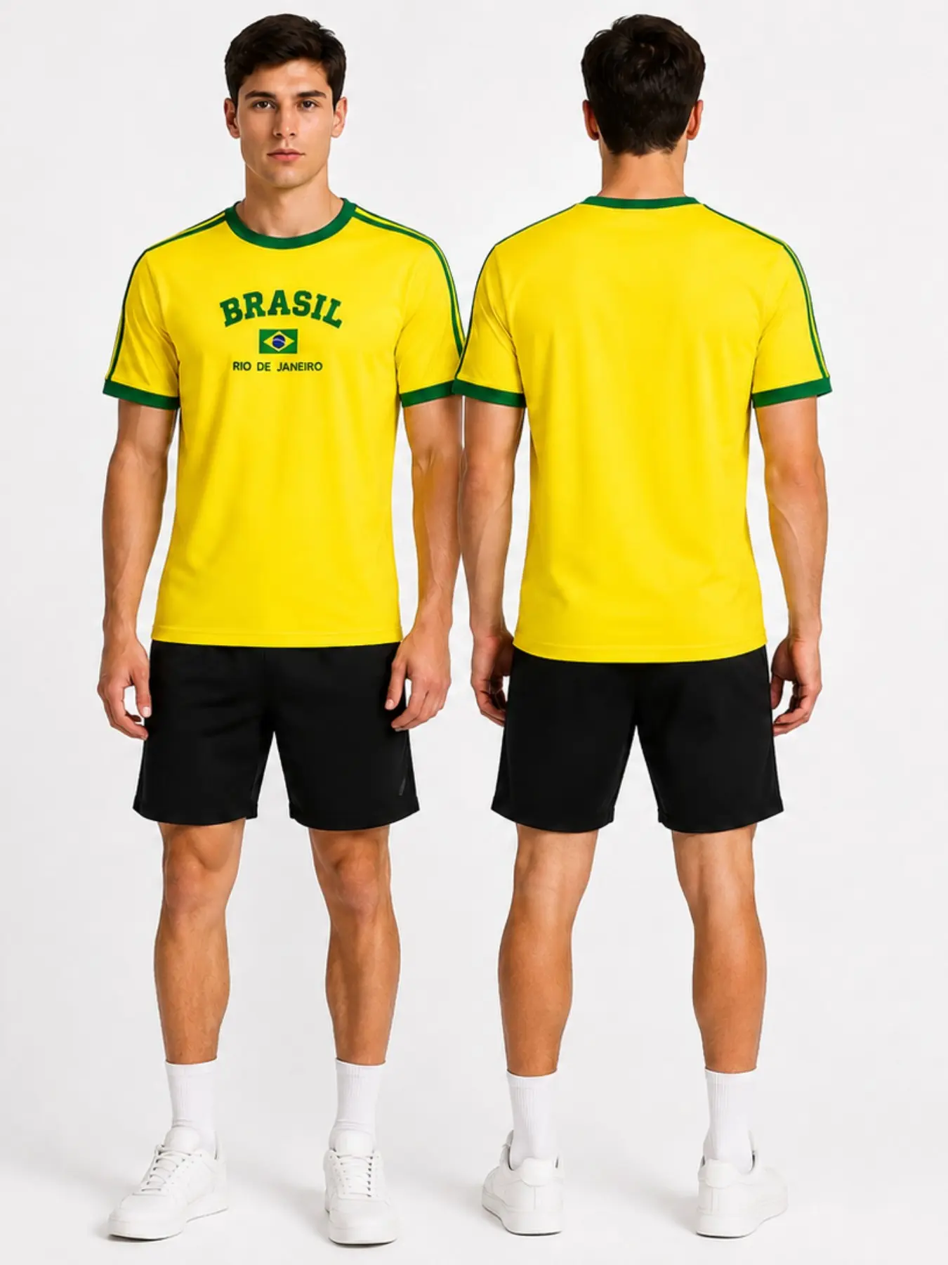 Vintage Brazil Soccer Jersey Short Sleeve, Unisex Colorblock Trim, Rio Flag Print, Quick-Dry Sports Top, All Seasons