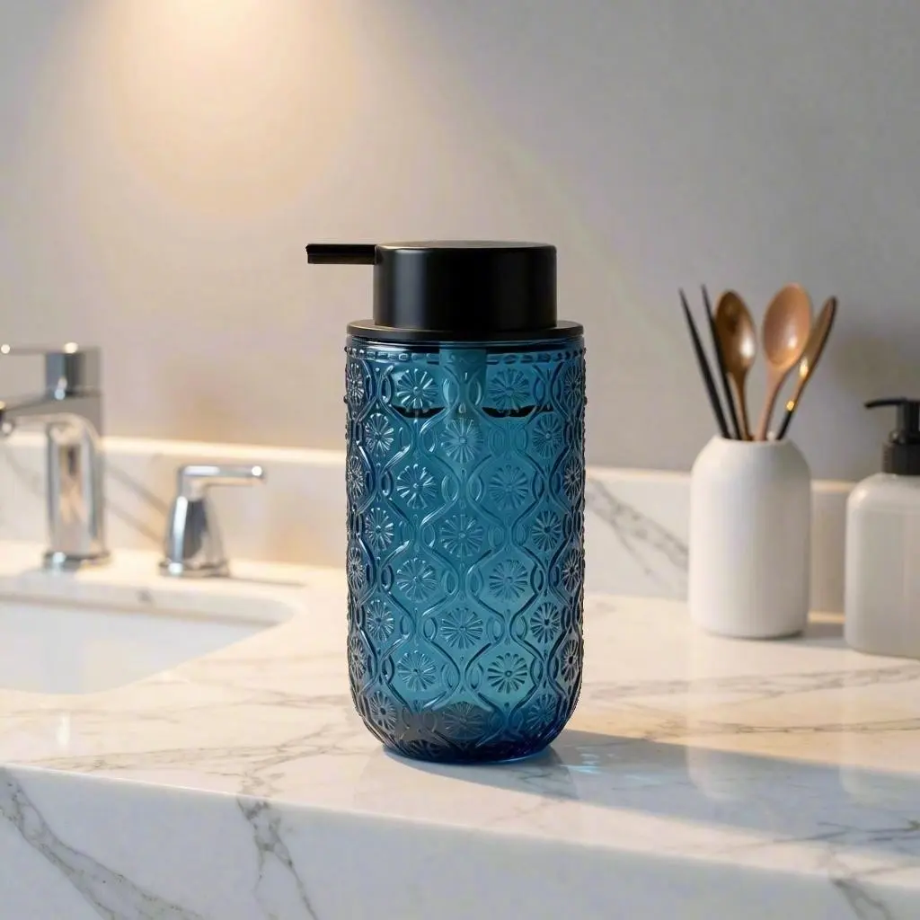 Glass Soap Dispenser Bottle, Luxury Fashion Retro Crabapple Pattern, Elegant Liquid Container, Stylish Bathroom Accessory