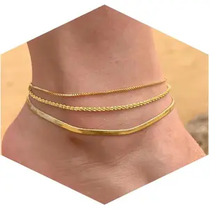 Risamil 14K Gold Plated Ankle Bracelets for Women, Anklets for Women Waterproof Layered Ankle Bracelets for Women Teen Girl Herringbone Anklet Set Summer Foot Jewelry Gifts
