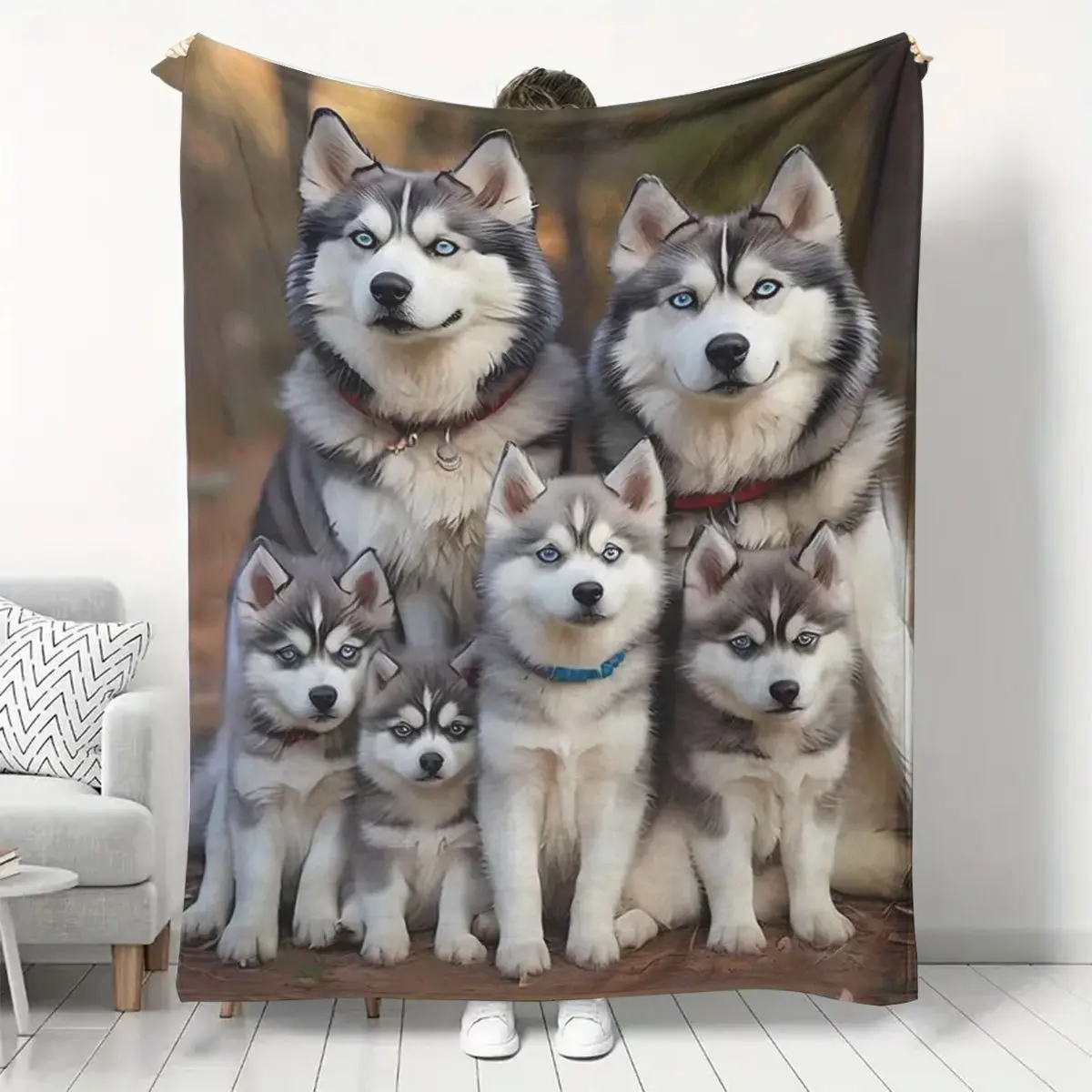 1Pc Siberian Husky Print Flannel Blanket - Soft Warm Lightweight Throw With Multi-Dog Design, 100% Machine-Washable Flannel For Home Office Travel, All-Season Cozy Blanket For Sofa Bed & Decorative Throw, Dog Blanket, Asianinfluenced Decor