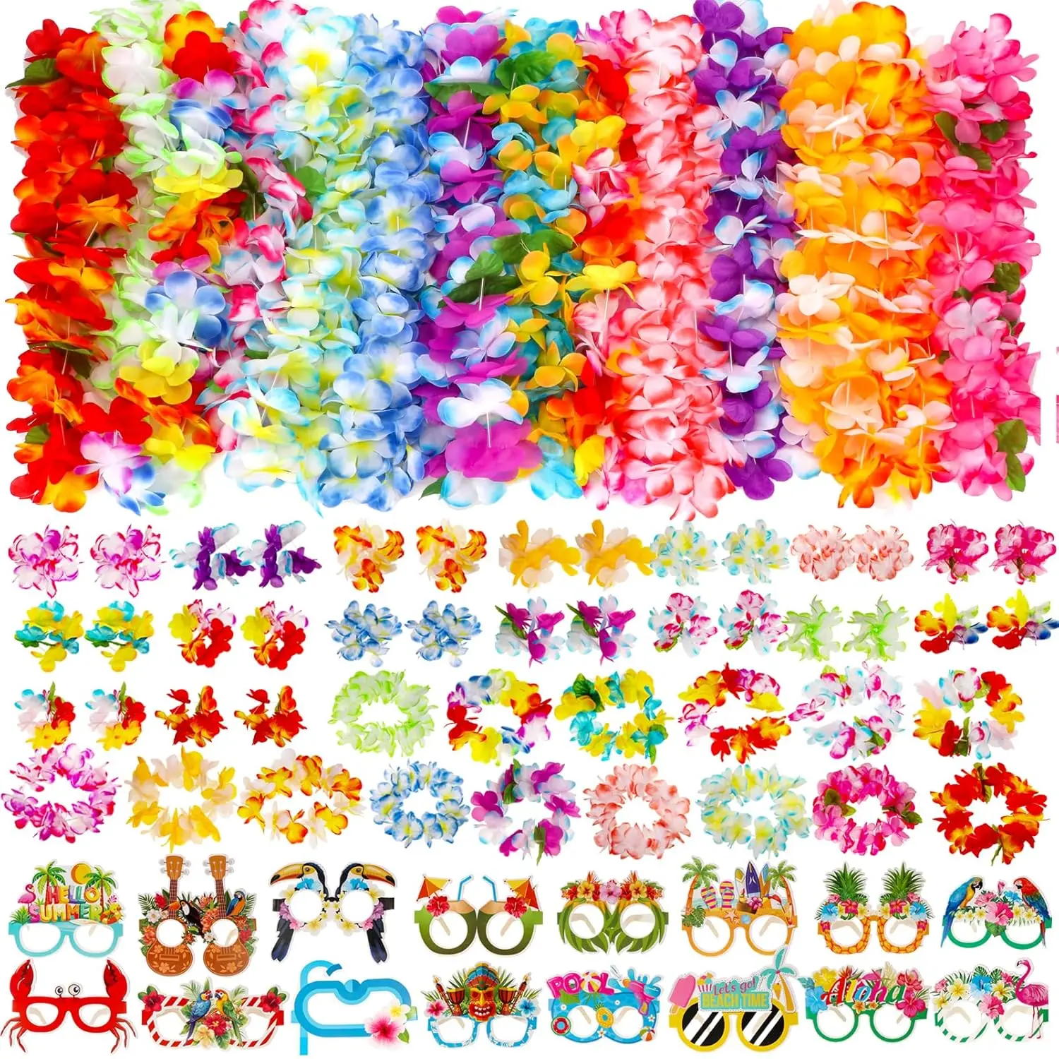 80 PCS Hawaiian Luau Party Decorations Leis, Glasses, Bracelets, Flower Headbands - Tropical Birthday Summer Beach Party Favors Supplies for Adults