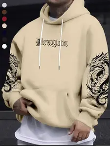 Eastern Loose Hoodie, Fleece Chest Gothic Font Dragon Print, Drawstring Hood, Soft Breathable, Fall Winter Casual Long Sleeve Sweatshirt