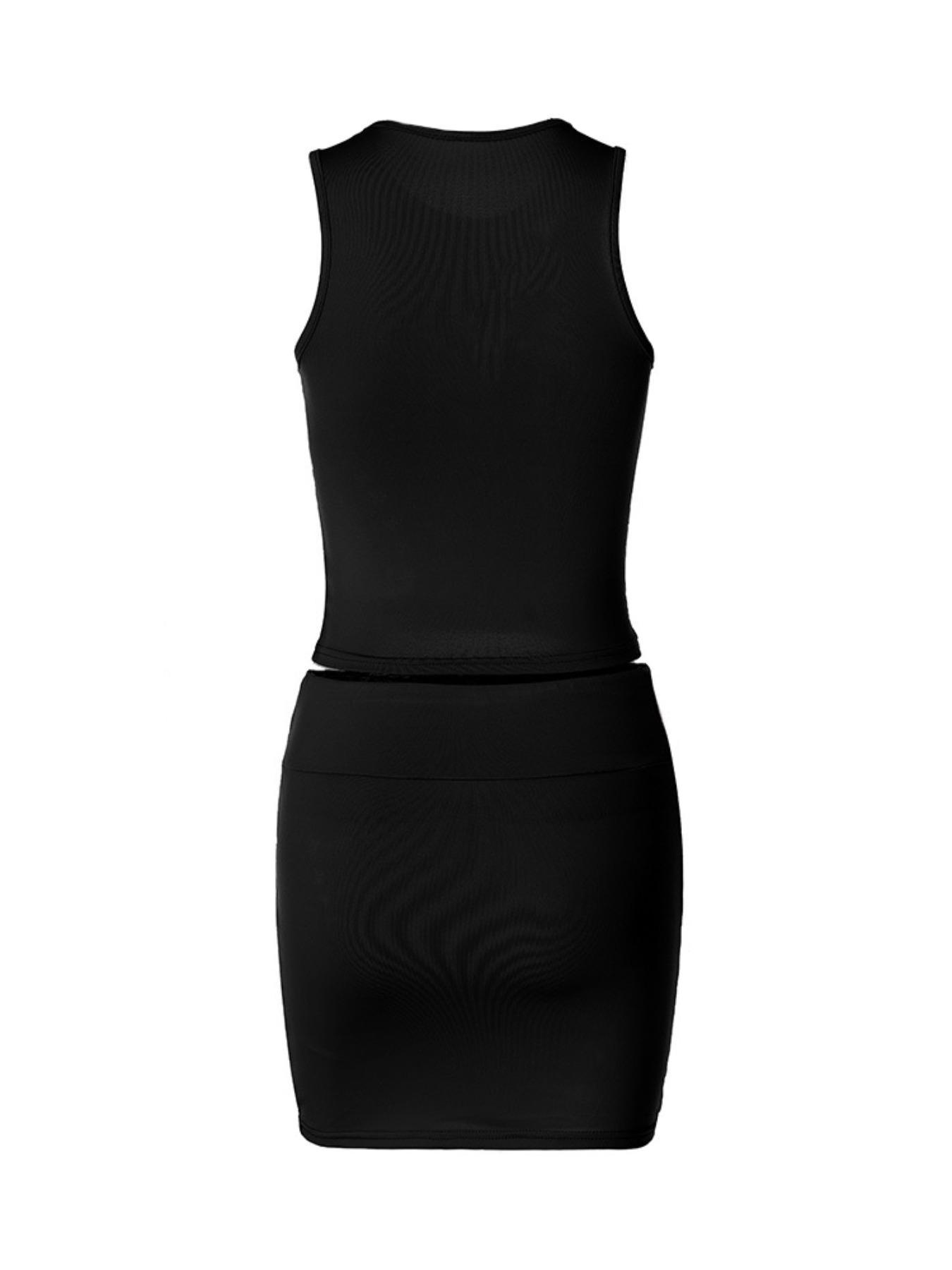 Women's Solid Hollow Out Crop Tank Top & High Waist Bodycon Skirt Set, Casual Fashion Cozy Round Neck Top & Skirt for Daily Outdoor Wear, Women's Clothing for Summer