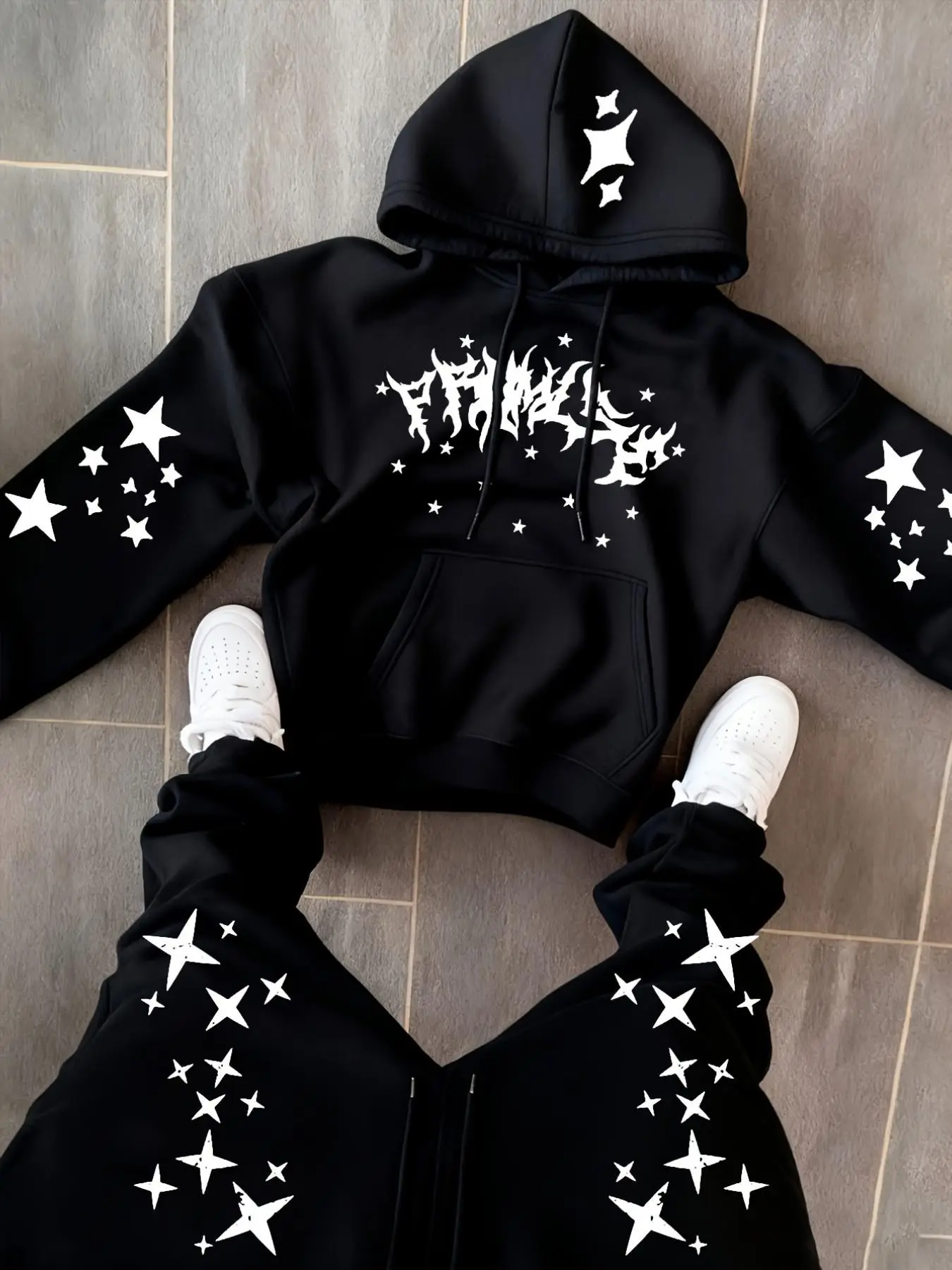 Men Black Two Piece Streetwear Tracksuit Oversized Cropped Drawstring Hoodie & Wide Leg Straight Sweatpants Set White Scattered Star Print Thorn Metal Letter Graphic Y2K Opium Dark Aesthetic Matching Outfit For Skate Concert Spring Fall Daily Hip Hop Outf