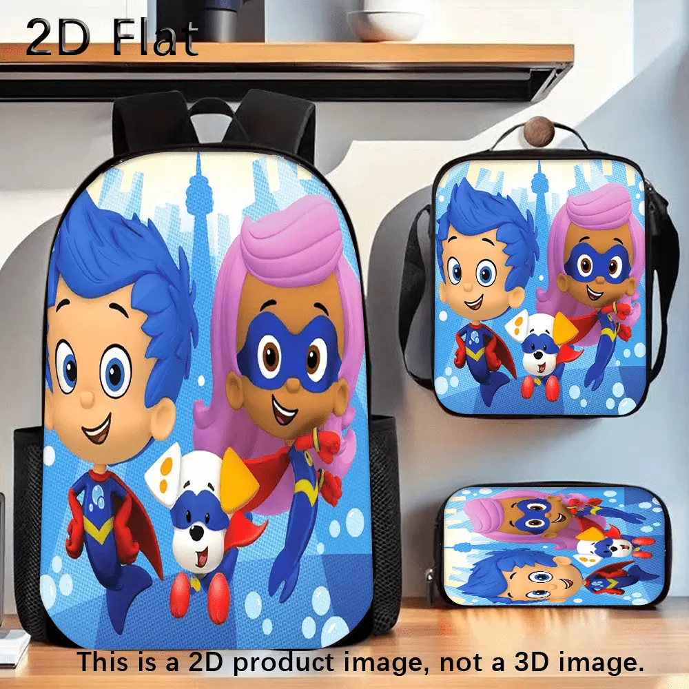 Durable Water Resistant 3-Piece Backpack Set for Kids, Lightweight School Bag with Lunch Box, Blue Bubble City Background Bubble Guppies Cartoon Super Hero Character Graphic Print, Spacious 15in Laptop Backpack with Soft Padded Straps