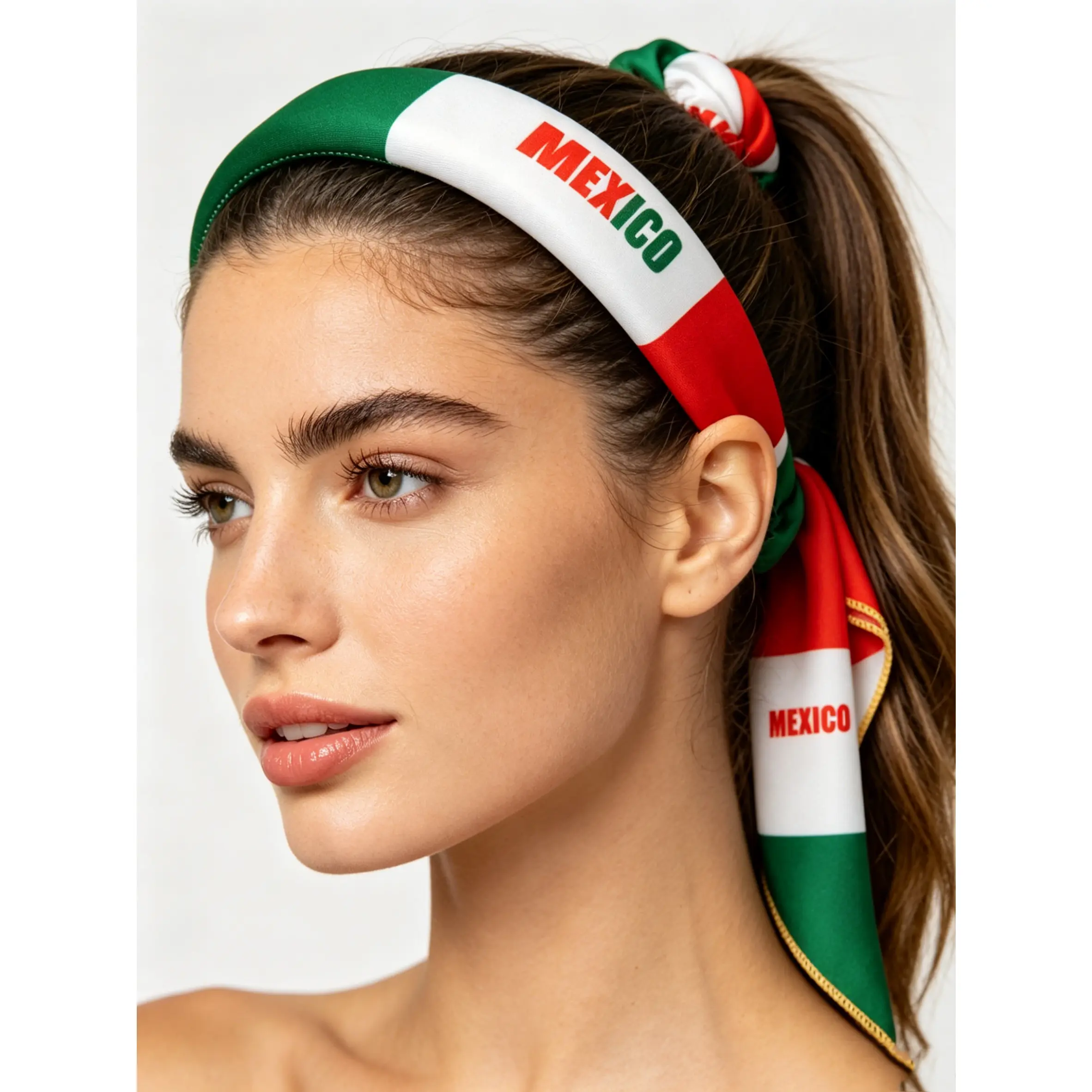 Women's Patriotic 4-Piece Mexico Flag Fabric Hair Accessories Set - Headbands, Scarf Scrunchie & Clips for Football Fashion, Campfire & BBQ Party, Sports, Female, Graphic, Vibrant, Soft, Durable, Casual, Soft Fabric, Any, Classic Headbands, Patriotic Fash