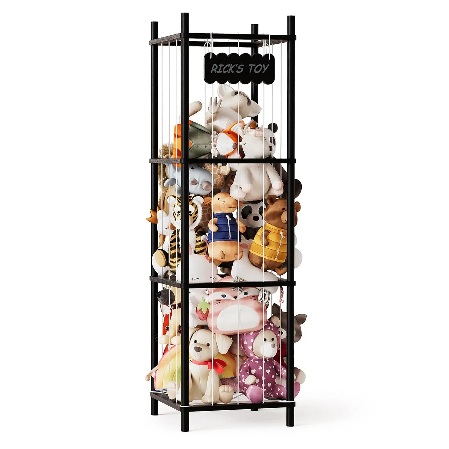 Black Wood Animal Zoo Plush Stuffed Animal Storage Rack, 15.8x15.8x53.6" High Capacity Kids' Rooms Playroom Organizer, Gift-Worthy Storage Holder