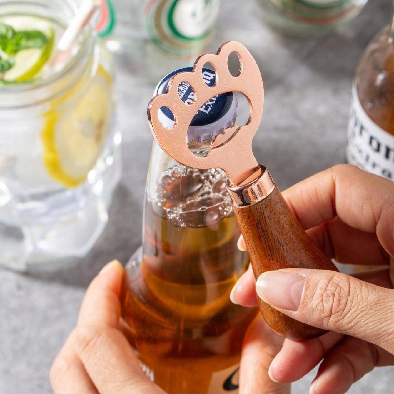 1PC Wooden Beer Bottle Opener with Rose Stainless Steel Lever, Durable Vertical Opener for Home Bar Essentials