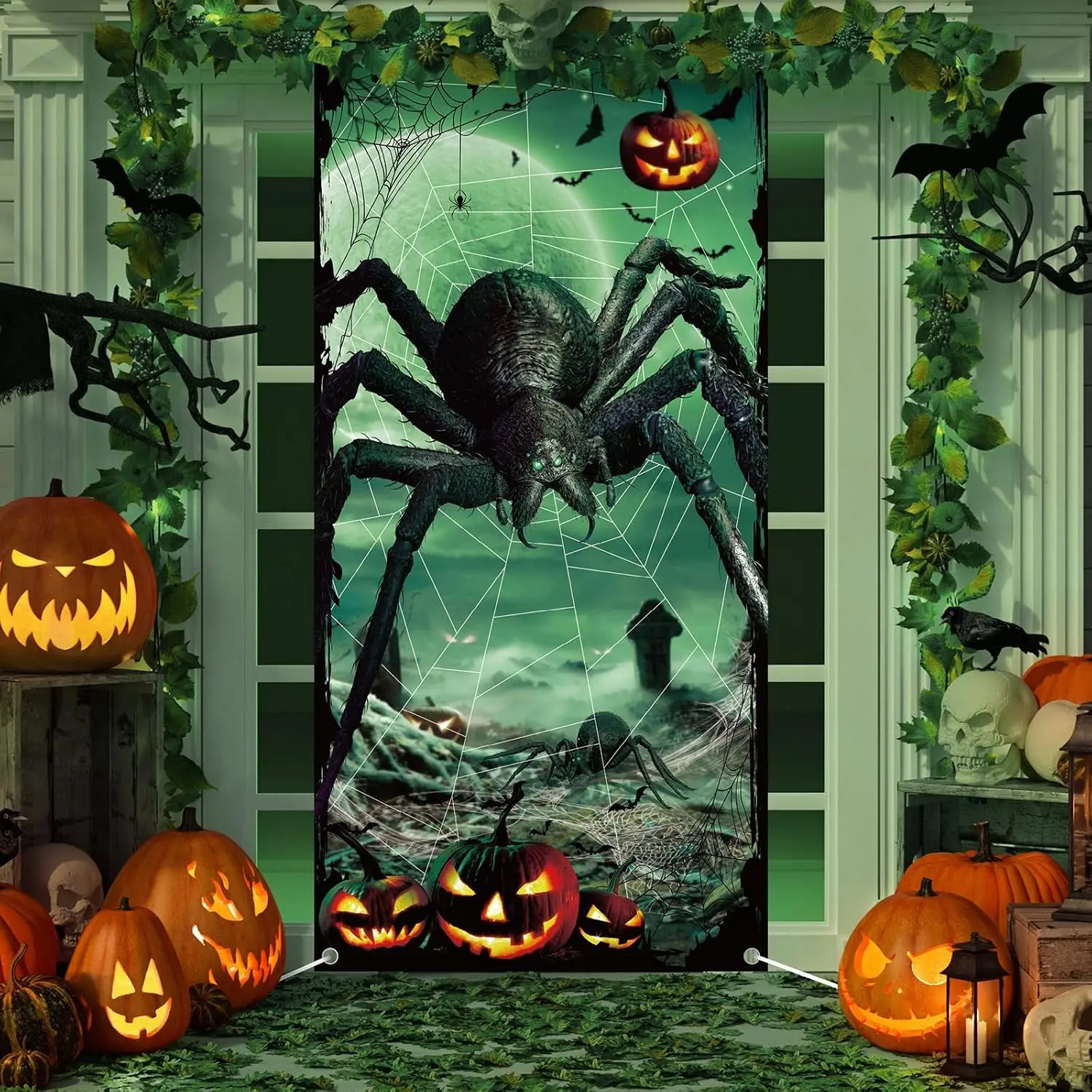 Halloween Door Cover, 2D Flat Banner, Giant Spider, Pumpkin, Bat, Spider Web Design, Indoor Outdoor Decoration, No Power Needed